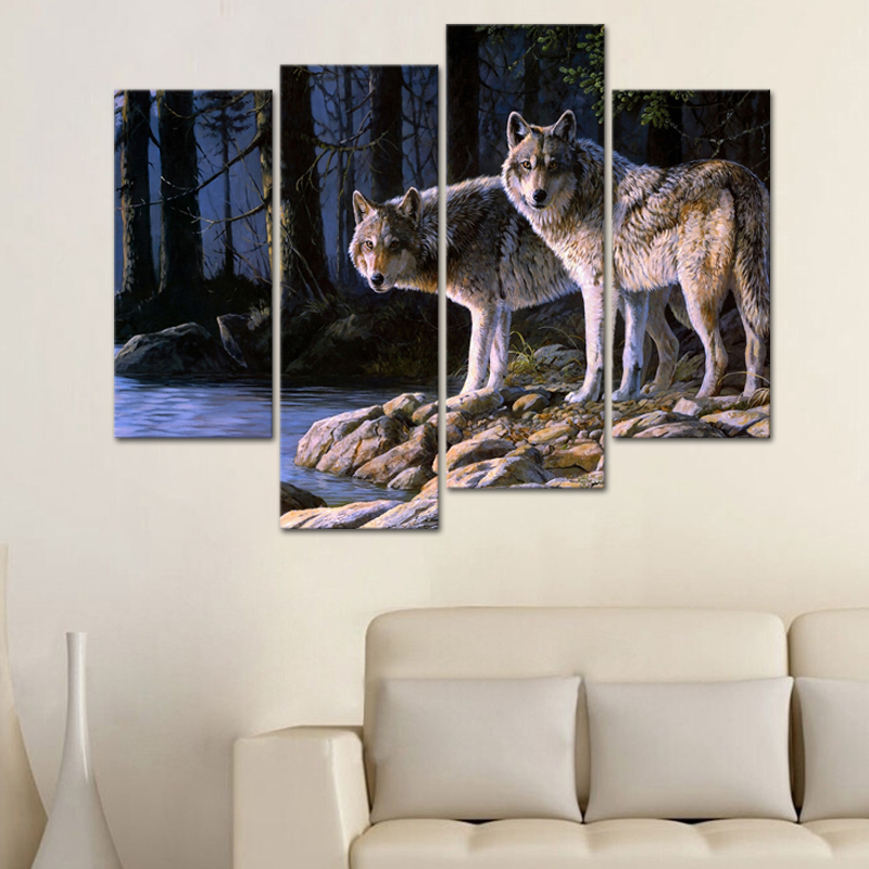 Miico-Hand-Painted-Four-Combination-Decorative-Paintings-Two-W-olves-Wall-Art-For-Home-Decoration-1547432-3