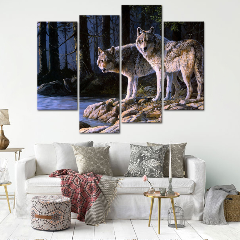 Miico-Hand-Painted-Four-Combination-Decorative-Paintings-Two-W-olves-Wall-Art-For-Home-Decoration-1547432-4