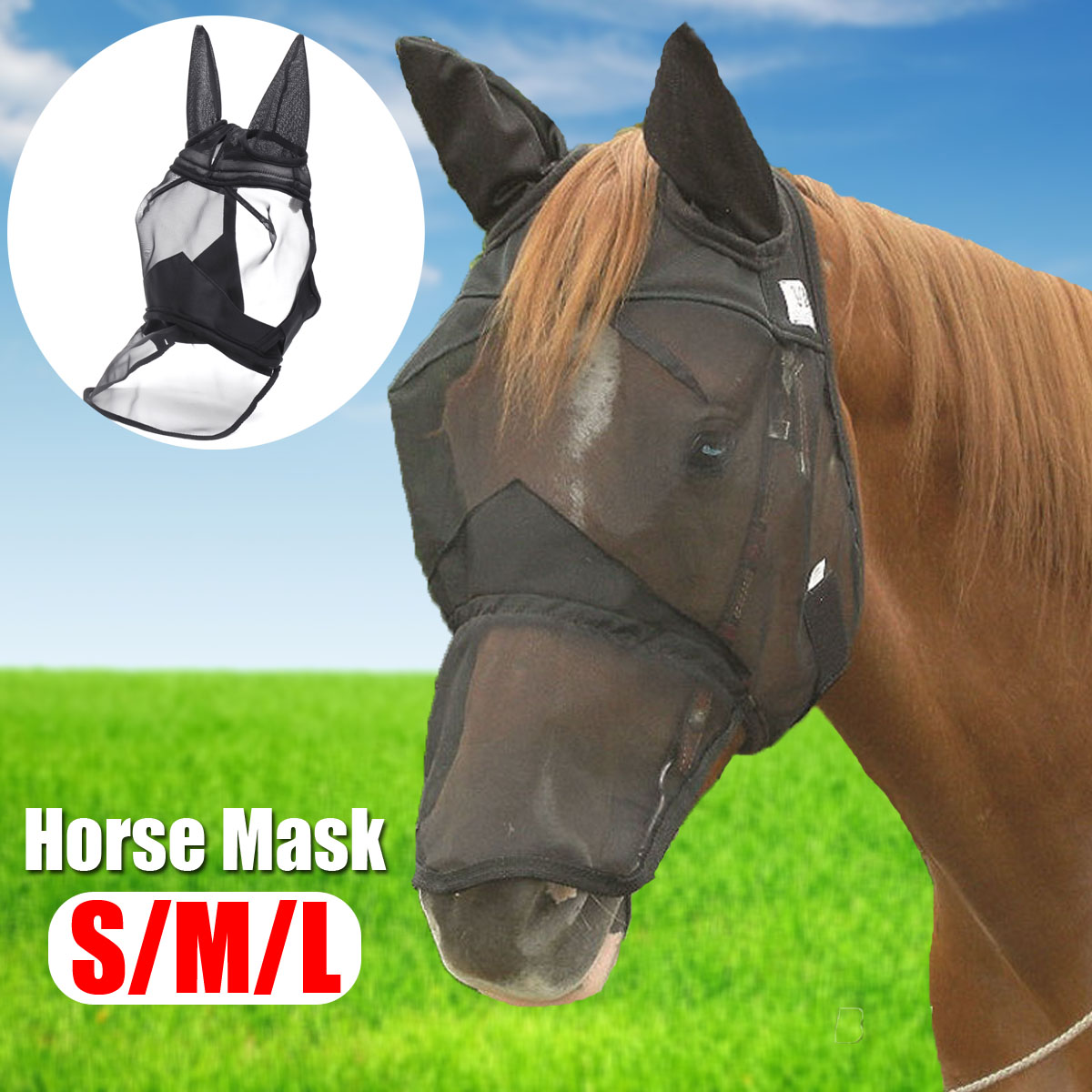 Deluxe-Horse-Fly-Mask-with-Ears-Mesh-Anti-mosquito-Zipper-Style-PonyCobFull-Horse-Spurs-1633817-1