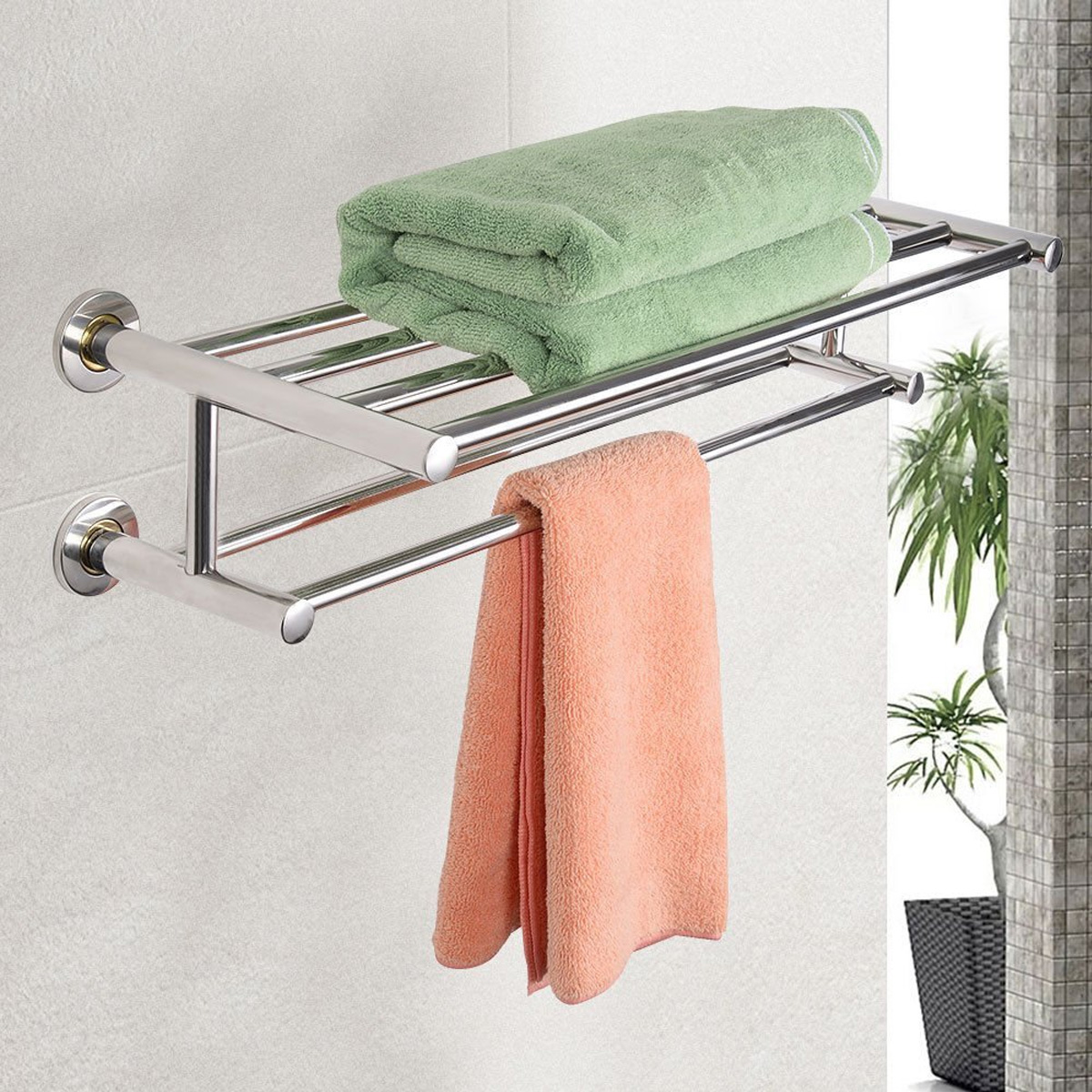 304-Stainless-Steel-Double-Tiers-Towel-Rail-Rack-Shelf-Wall-Mounted-Bathroom-1776590-3