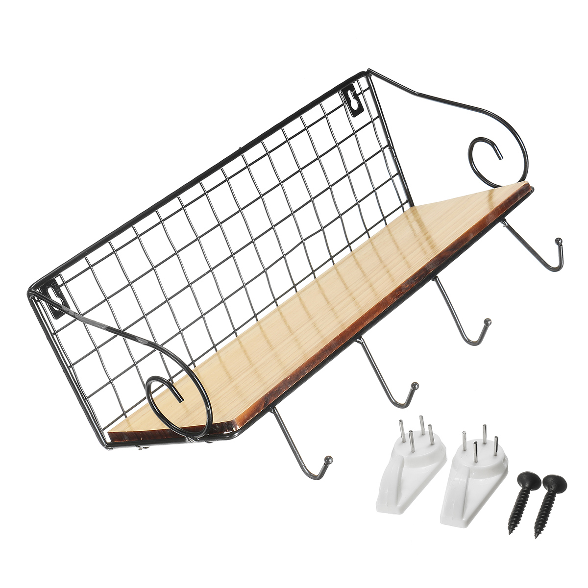 Hanging-Wall-Mounted-Rack-Storage-Organizer-Wood-Home-Display-Storage-Baskets-w-Iron-Hook-1517311-4