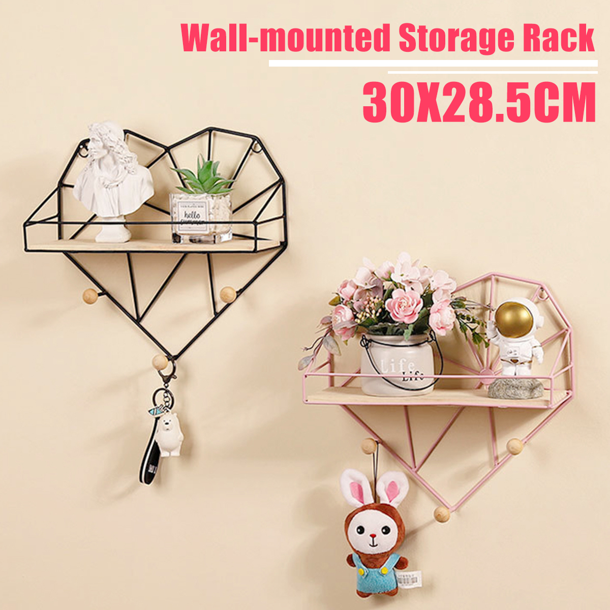 Heart-Shaped-Metal-Wire--Wooden-Rack-Wall-Unit-Hanging-Shelf-1726195-1