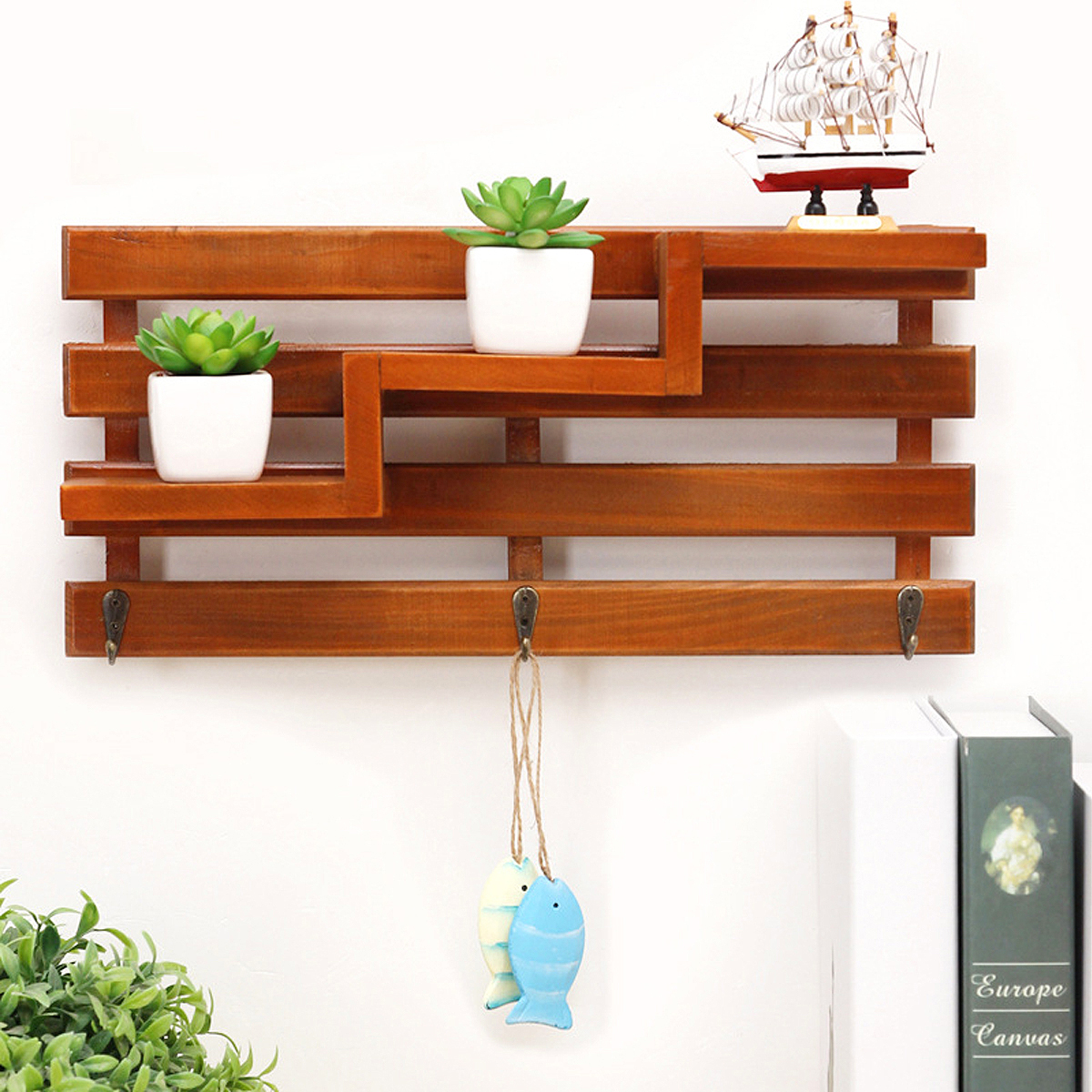 Wooden-Wall-Mounted-3-Hanger-Hooks-Floating-Shelf-Vintage-Shabby-Rack-1206886-3