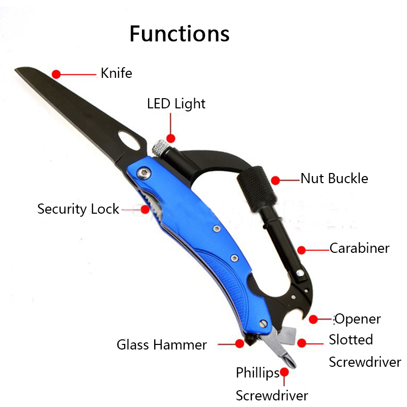 185mm-3CR13-Stainless-Steel-Multifunction-Folding-Knife-Carabiner-Hook-Knife-LED-Flashlight-1261385-1