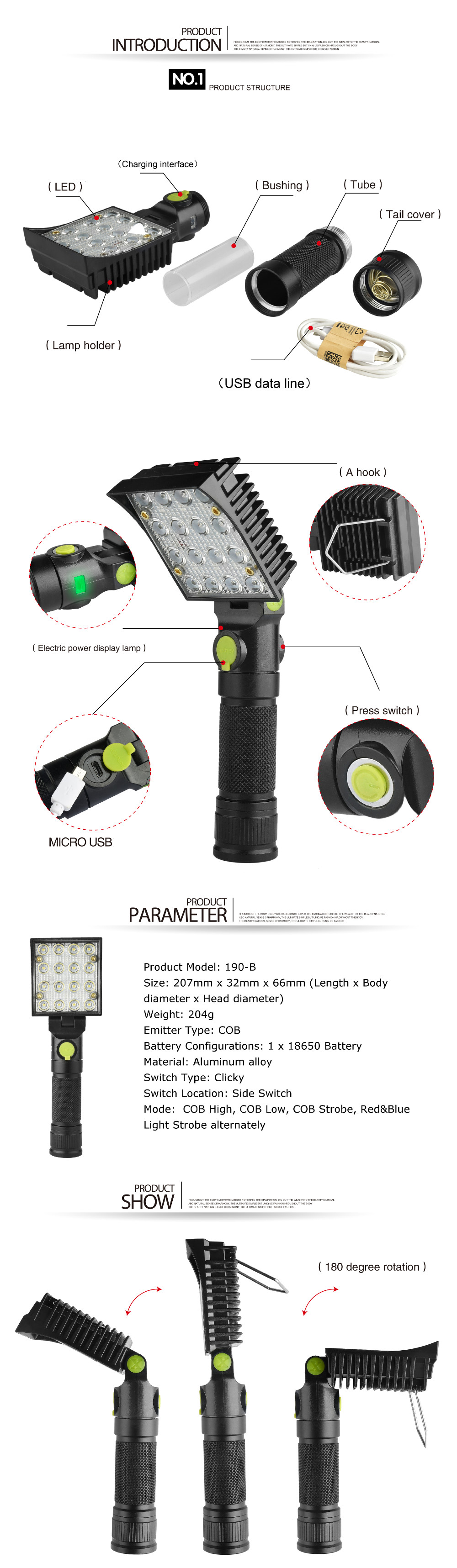 BIKIGHT-190B-16x-COB-4Colors-4Modes--180deg-Adjustable-Head-Magnetic-Tail-USB-LED-Flashlight-1303589-1