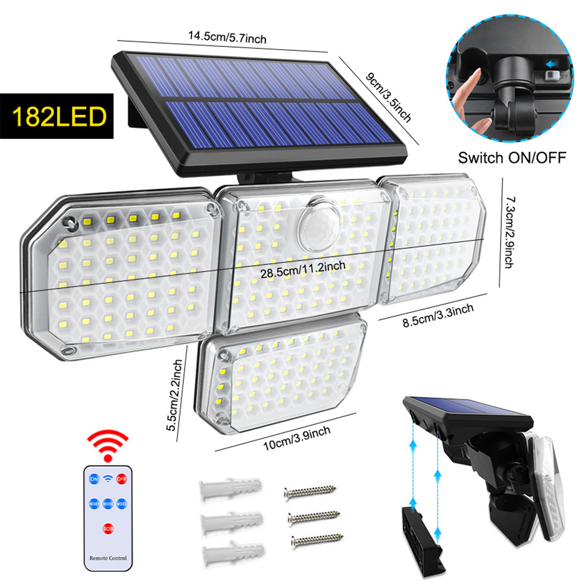 182LED-Solar-Wall-Lamp-Three-head-Induction-Street-Light-Pathway-Lighting-With-Remote-Control-1881796-8
