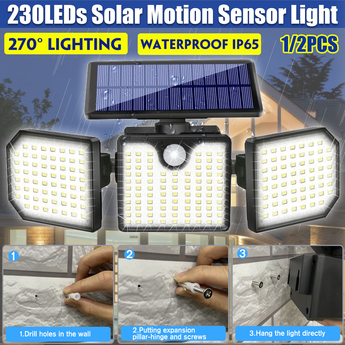 230LEDs-3-Head-Solar-Motion-Sensor-Light-Outdoor-Garden-Wall-Security-Flood-Lamp-1908783-2
