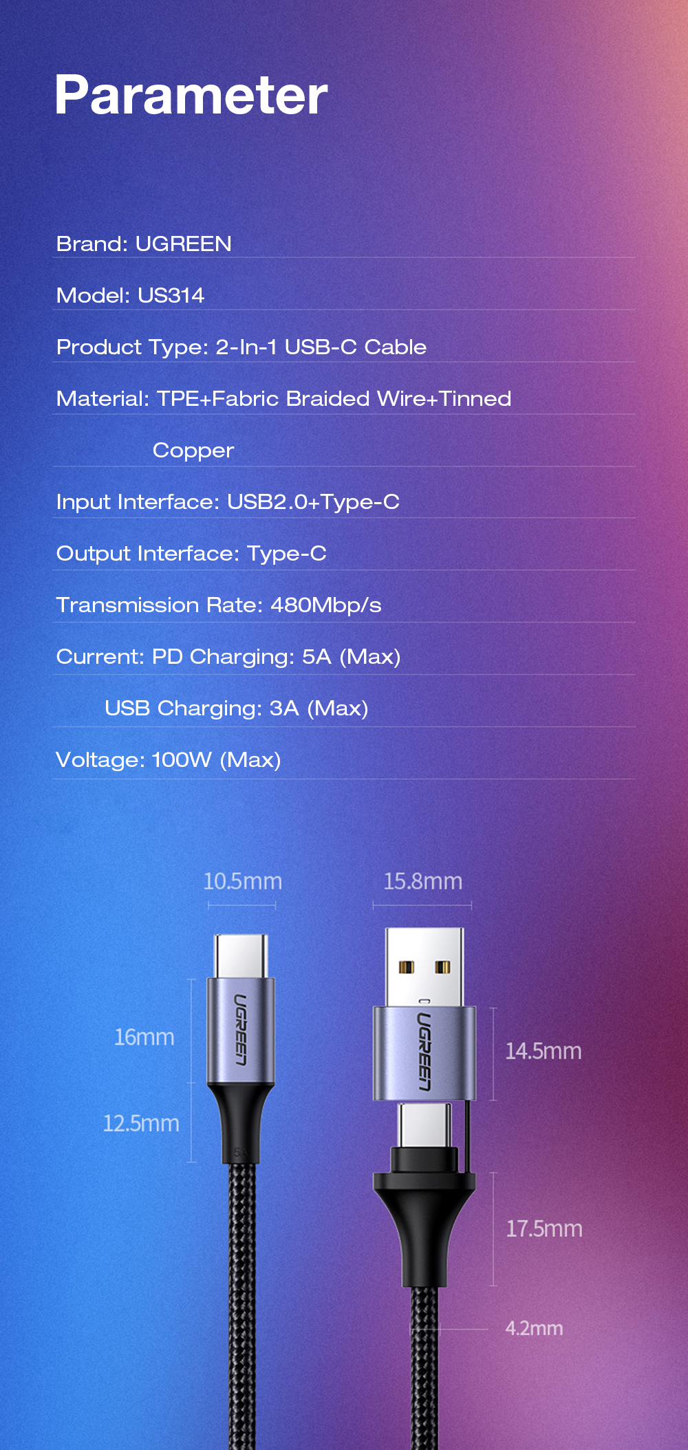 UGREEN-US314-2-In-1-PD-100W-Fast-Charing-Cable-Type-C-to-USB-20--Type-C-Data-Cable-5A-480Mbps-1M-Qui-1930222-14