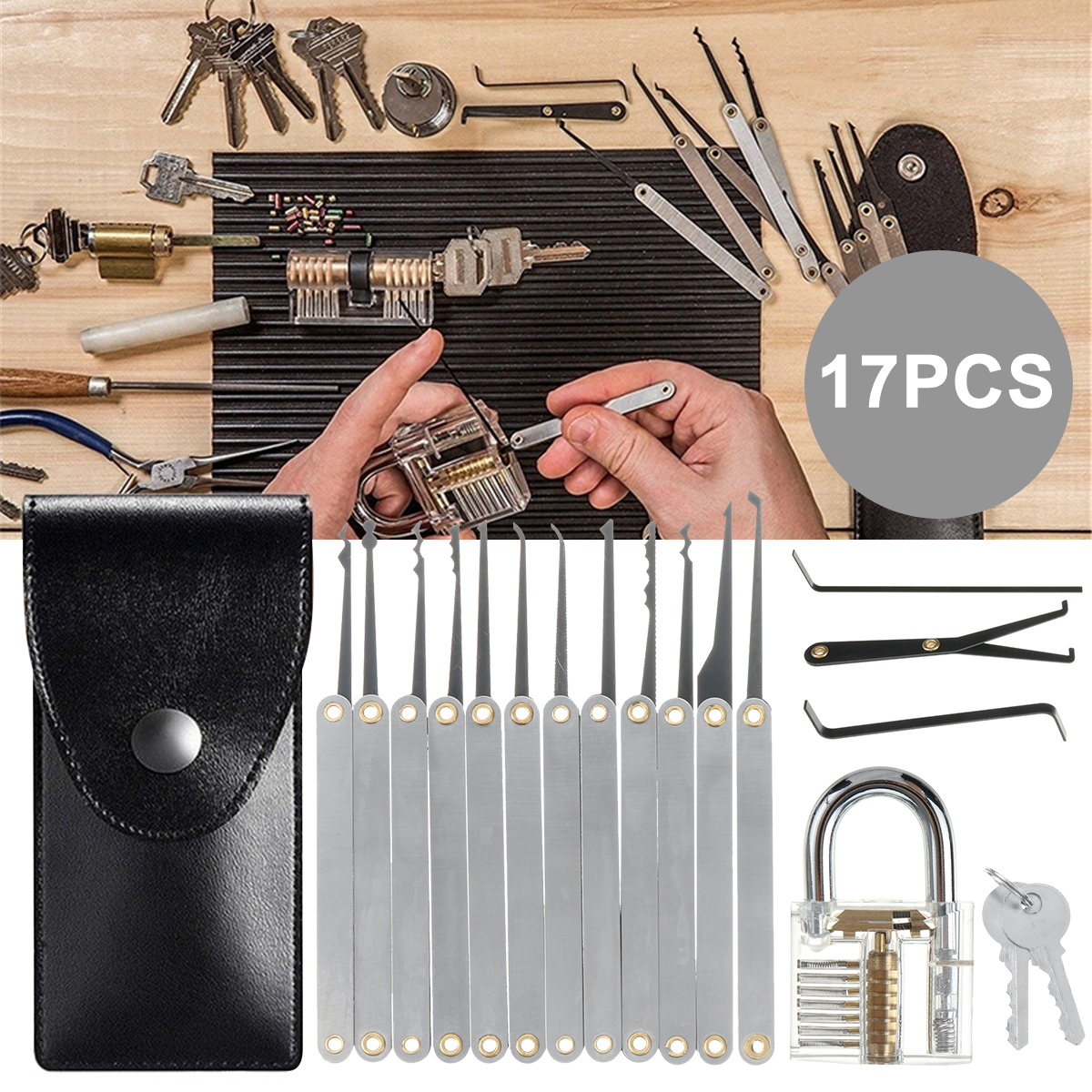 17Pcs-Unlocking-Lock-Picks-Tools-Set-Key-Extractor-Transparent-Practice-Padlocks-1574152-1