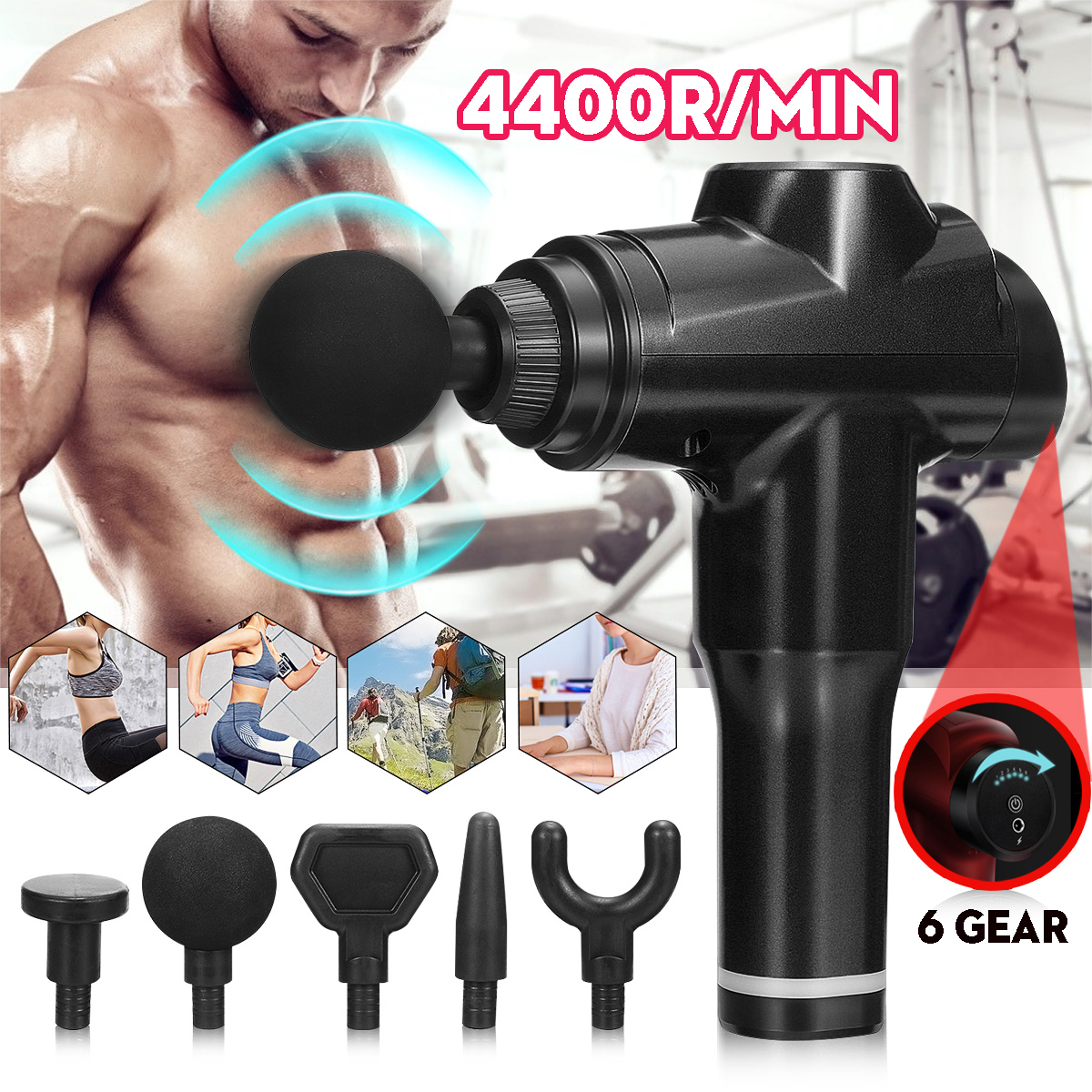 3600mAh-6-Gears-Electric-Percussion-Massager-Deep-Muscle-Vibration-Relaxing-Device-With-5-Heads-1687929-1