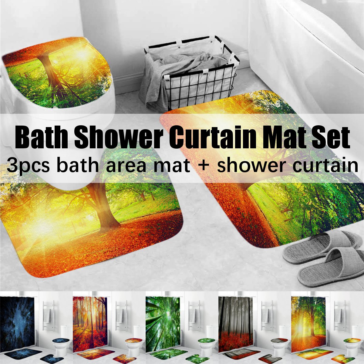 4-PcsSet-Shower-Curtain-Waterproof-Bathroom-Bath-Mat-Rug-Toilet-Lid-Cover-Home-1547578-1