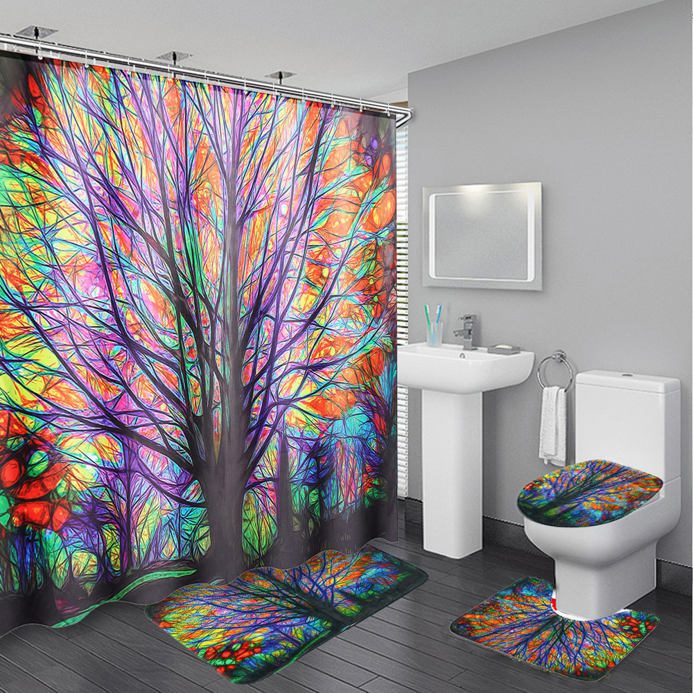 Colorful-Dreamy-Tree-Pattern-Bathroom-Waterproof-Shower-Curtain-Floor-Mat-Pedestal-Rug-Toilet-Lid-Co-1794447-4