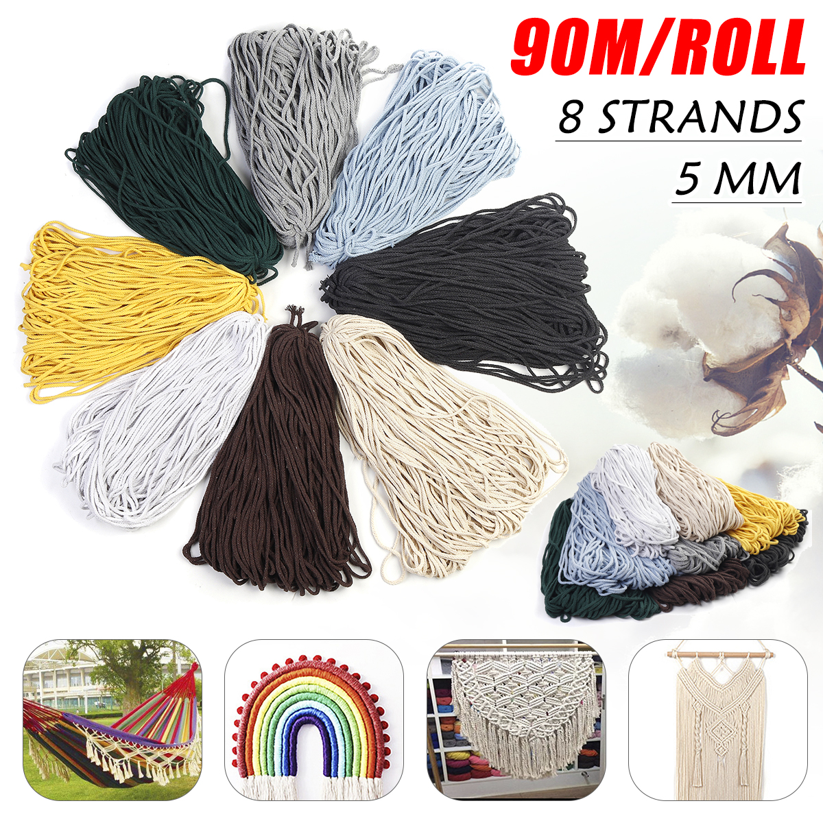 5mm-90mRoll-Cotton-Rope-Thread-Cords-String-Macrame-DIY-Craft-Wire-8-Strands-1709382-1