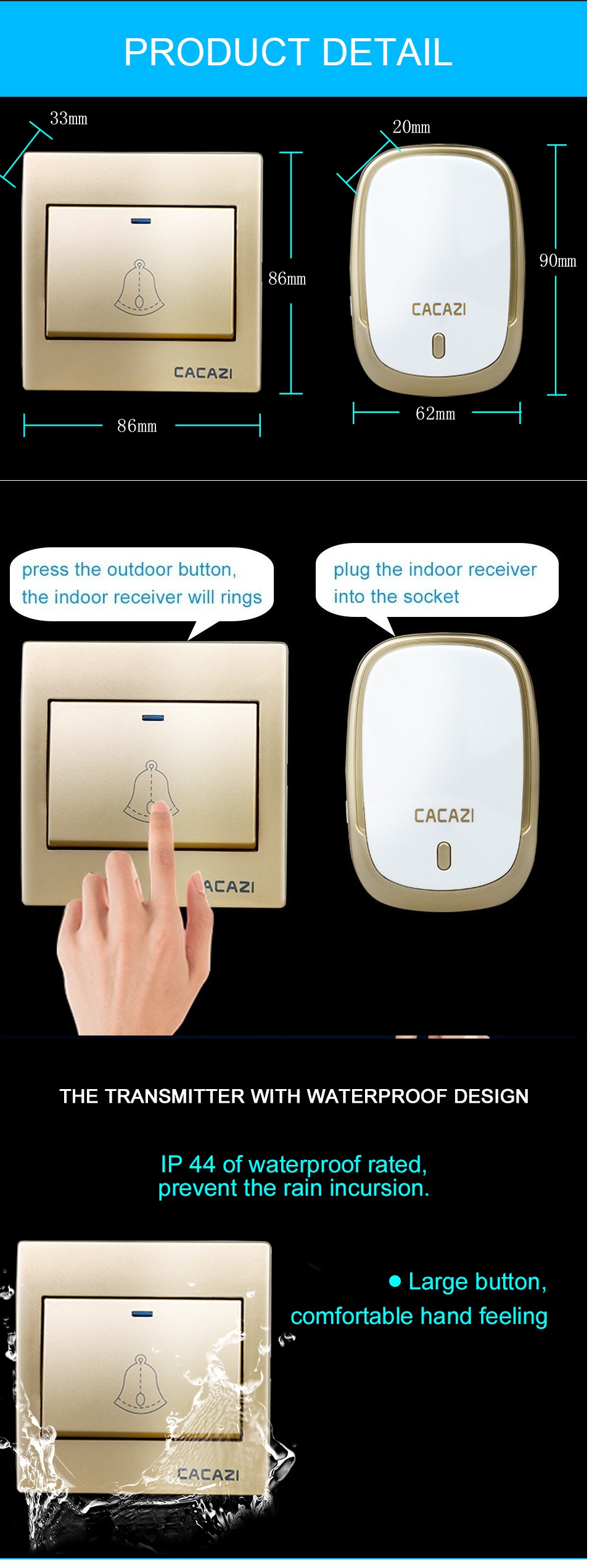 CACAZI-AC110-220V-Wireless-Doorbell-Waterproof-1-Button1-Plug-in-Receivers-300M-Remote-Music-Door-De-1613599-5