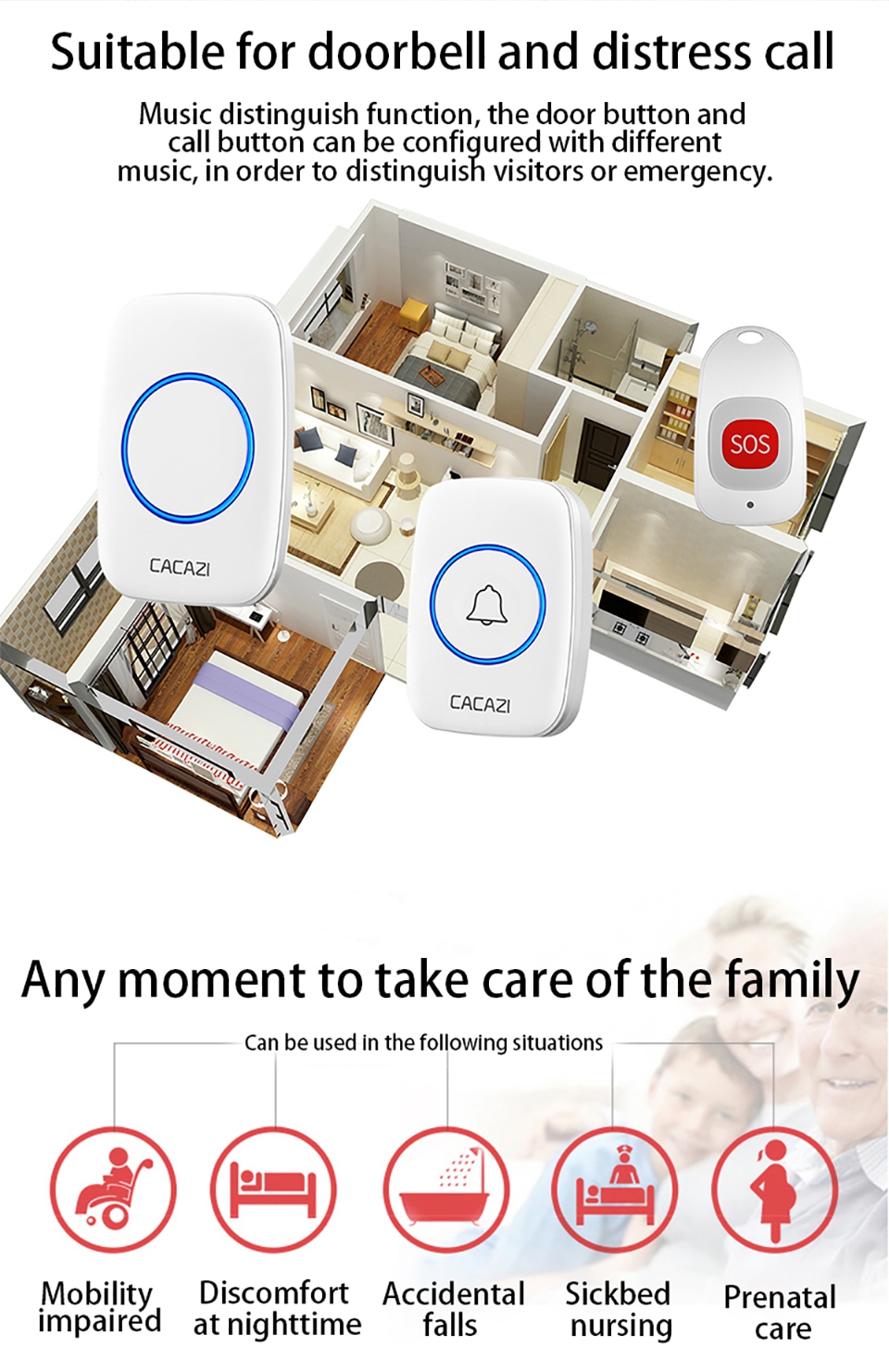 CACAZI-C10-Smart-Home-Wireless-Pager-Doorbell-Old-Man-Emergency-Alarm-80m-Remote-Call-Bell-1-Button--1607157-3
