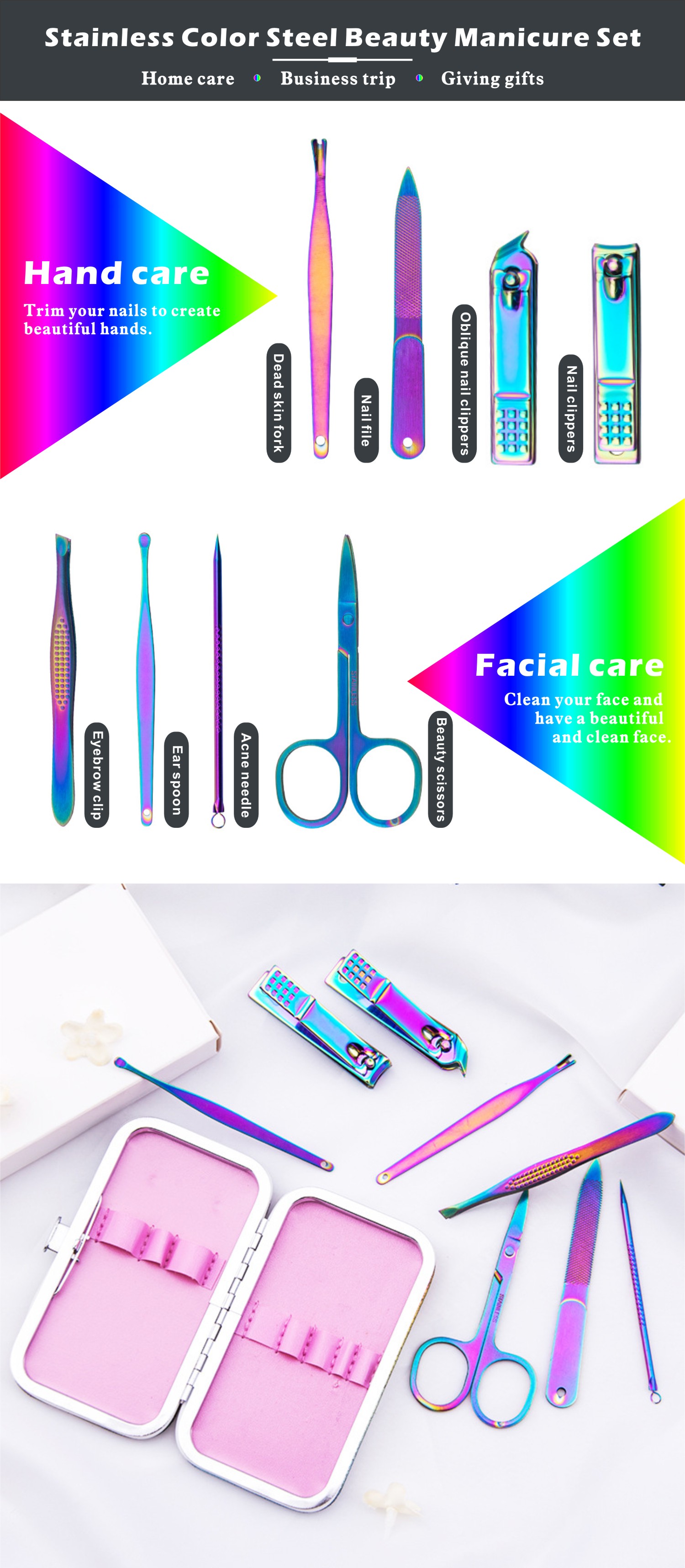 8pcs-Rainbow-Stainless-Steel-Nail-Clippers-Set-Professional-Scissors-Suit-With-Box-Trimmer-Grooming--1811326-1