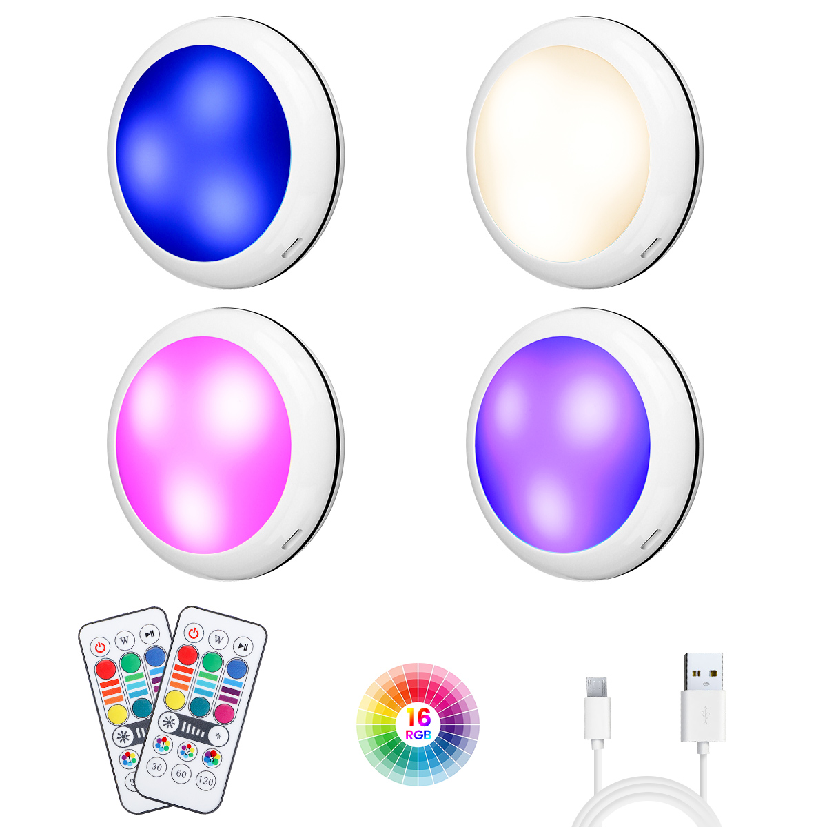 Elfeland-4Pcs-RGB-16-Colors-Round-Cabinet-Lights-Remote-Control-1000MAH-USB-Rechargeable-1891006-1