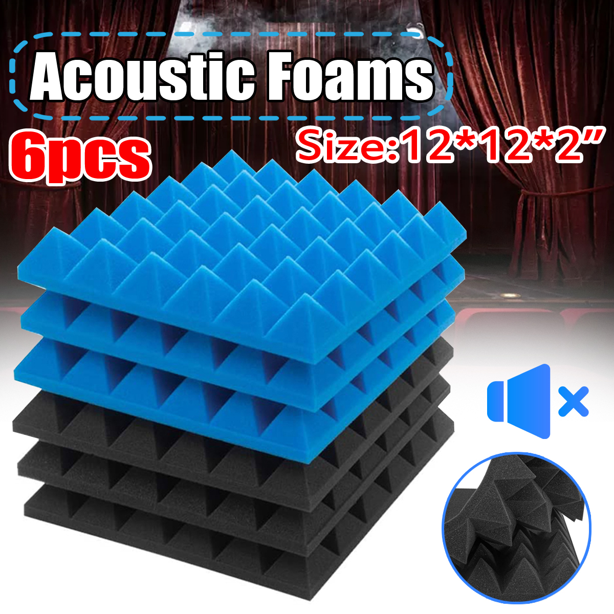 6Pcs-Acoustic-Foams-Studio-Soundproofing-Wedges-Tiles-Black--Blue-12x12x2inch-1749892-1