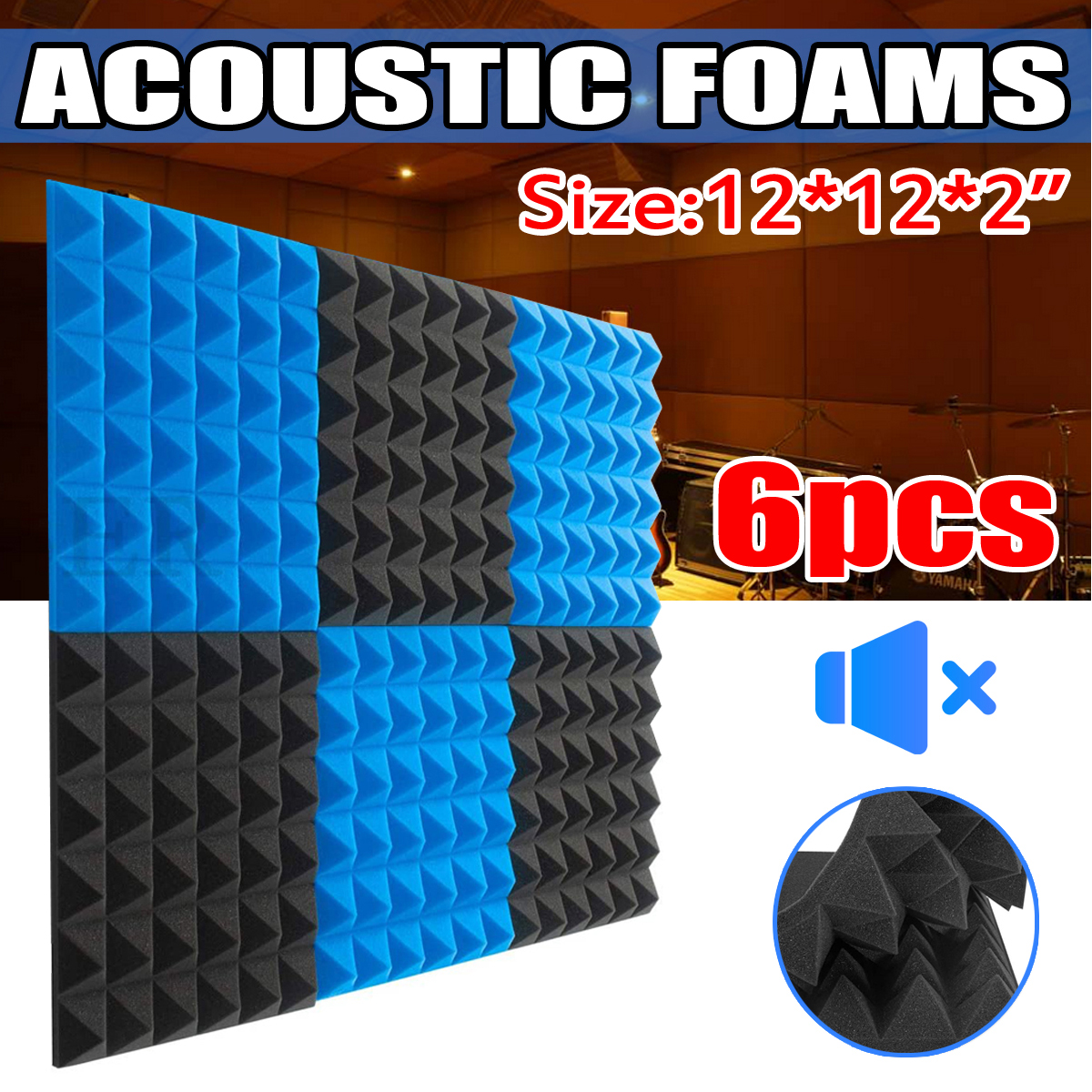 6Pcs-Acoustic-Foams-Studio-Soundproofing-Wedges-Tiles-Black--Blue-12x12x2inch-1749892-2