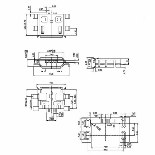 10Pcs-Micro-USB-Type-B-Female-5Pin-Socket-4Legs-SMD-SMT-Soldering-Connector-1031514-3