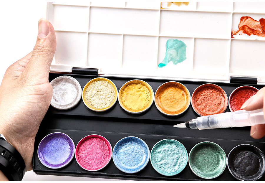 12Color-Metallic-Watercolor-Paint-Set-With-Water-Brush-for-Painting-Water-Color-Pigment-Art-Supplies-1702289-7