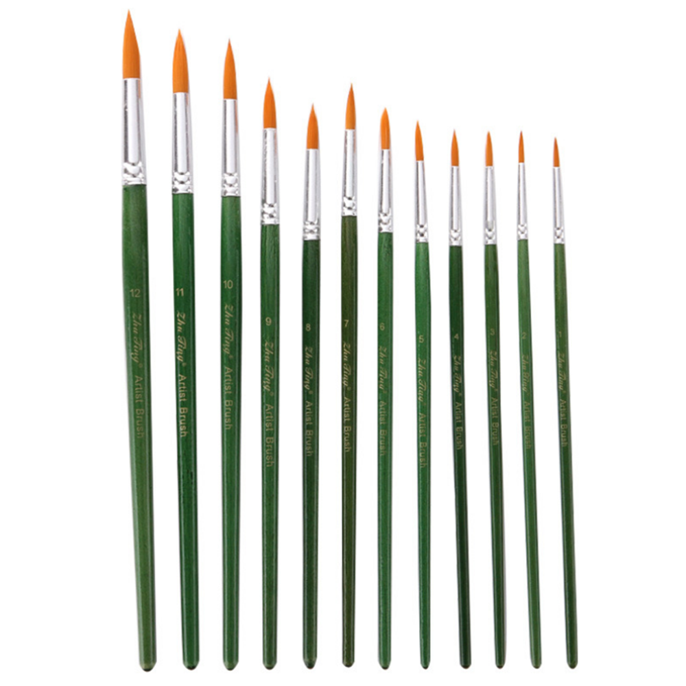 12Pcs-Painting-Brush-Nylon-Hair-Green-Wood-Penholder-Oil-Painting-Hook-Line-Pen-for-Acrylic-Painting-1763292-1