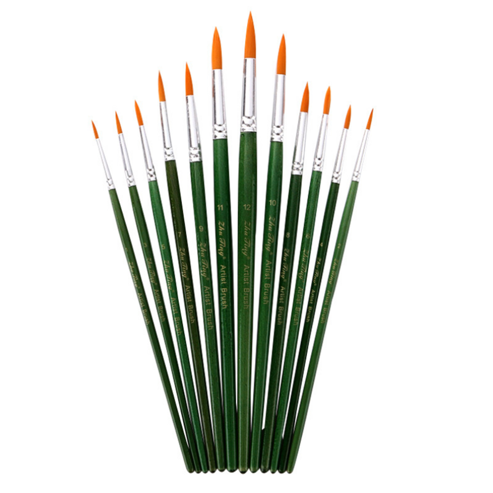 12Pcs-Painting-Brush-Nylon-Hair-Green-Wood-Penholder-Oil-Painting-Hook-Line-Pen-for-Acrylic-Painting-1763292-2
