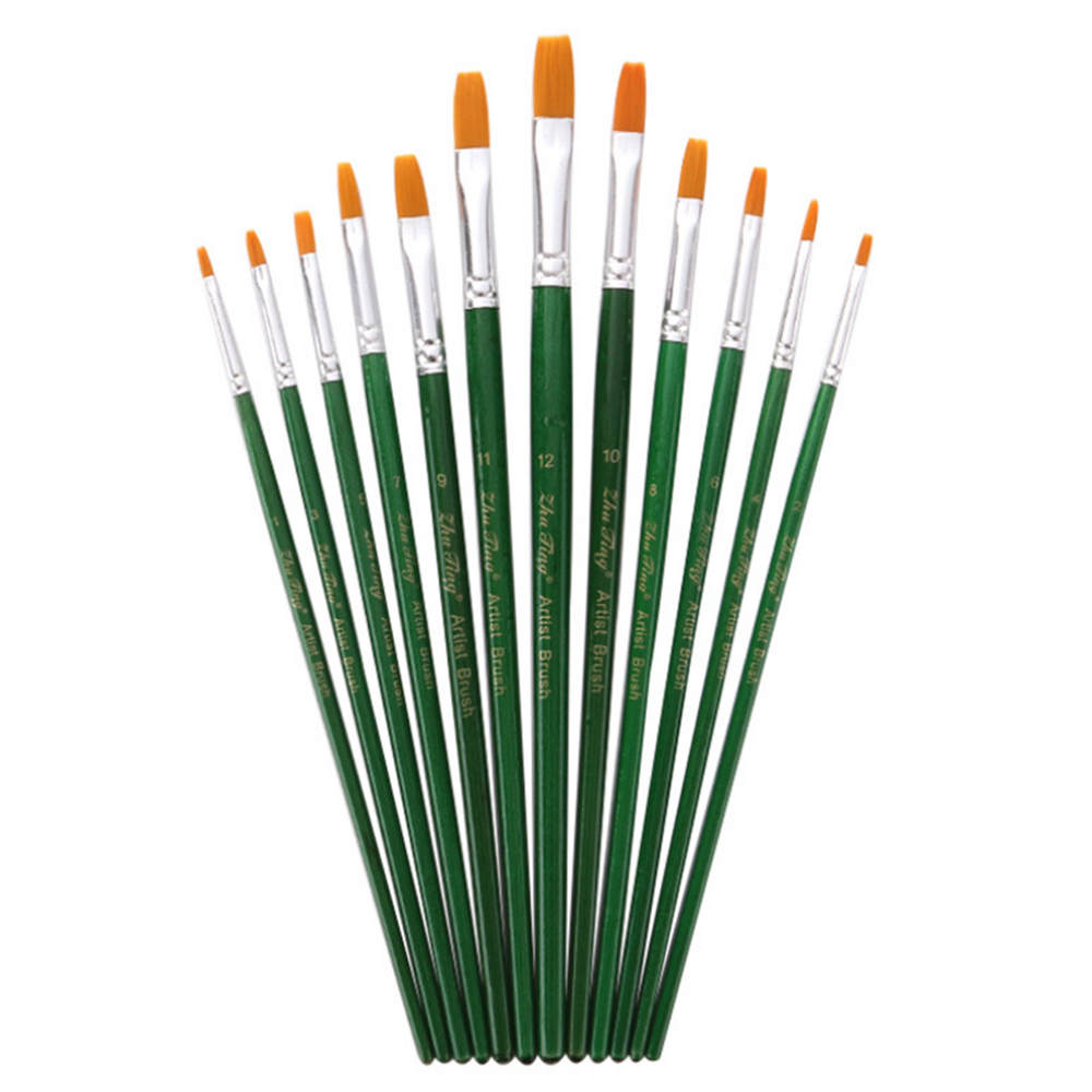 12Pcs-Painting-Brush-Nylon-Hair-Green-Wood-Penholder-Oil-Painting-Hook-Line-Pen-for-Acrylic-Painting-1763292-3