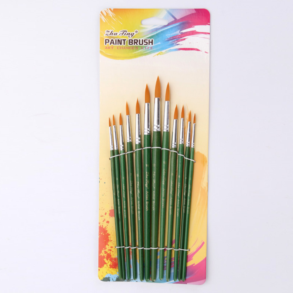 12Pcs-Painting-Brush-Nylon-Hair-Green-Wood-Penholder-Oil-Painting-Hook-Line-Pen-for-Acrylic-Painting-1763292-5