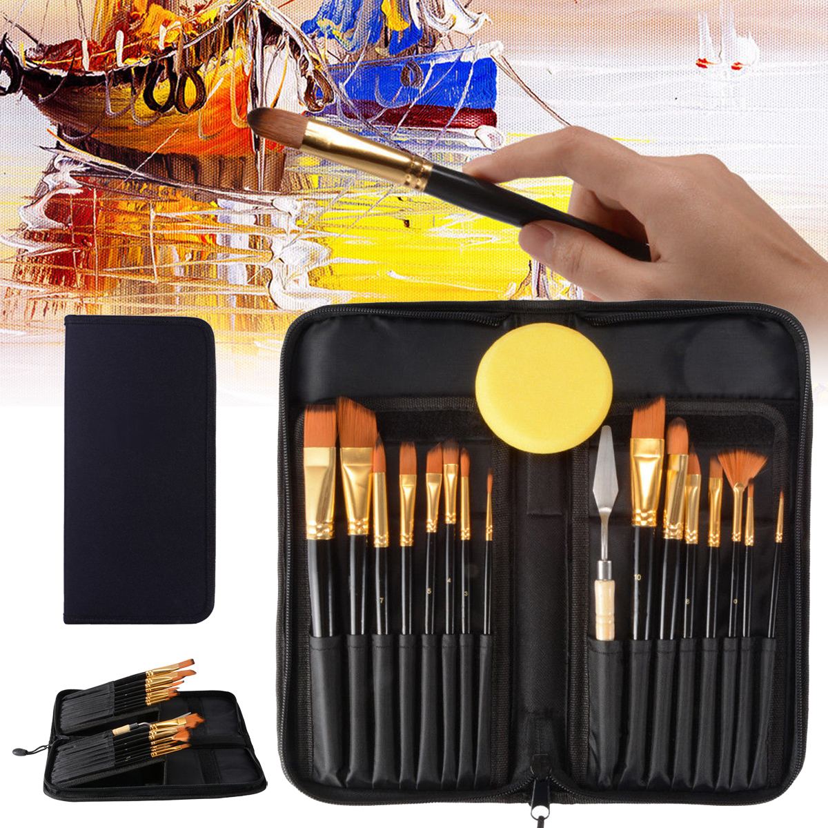 15PCS-Nylon-Hair-Artist-Paint-Brushes-Palette-Sponge-Set-with-Storage-Case-Watercolor-Paint-Acrylic--1514861-2