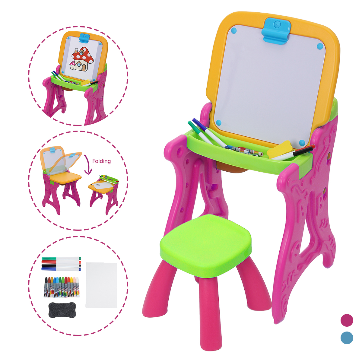 2-in-1-Folding-Drawing-Board-Table-Set-with-a-Kid-Sized-Stool-Plastic-Magnetic-Writing-White-Board-I-1853465-2