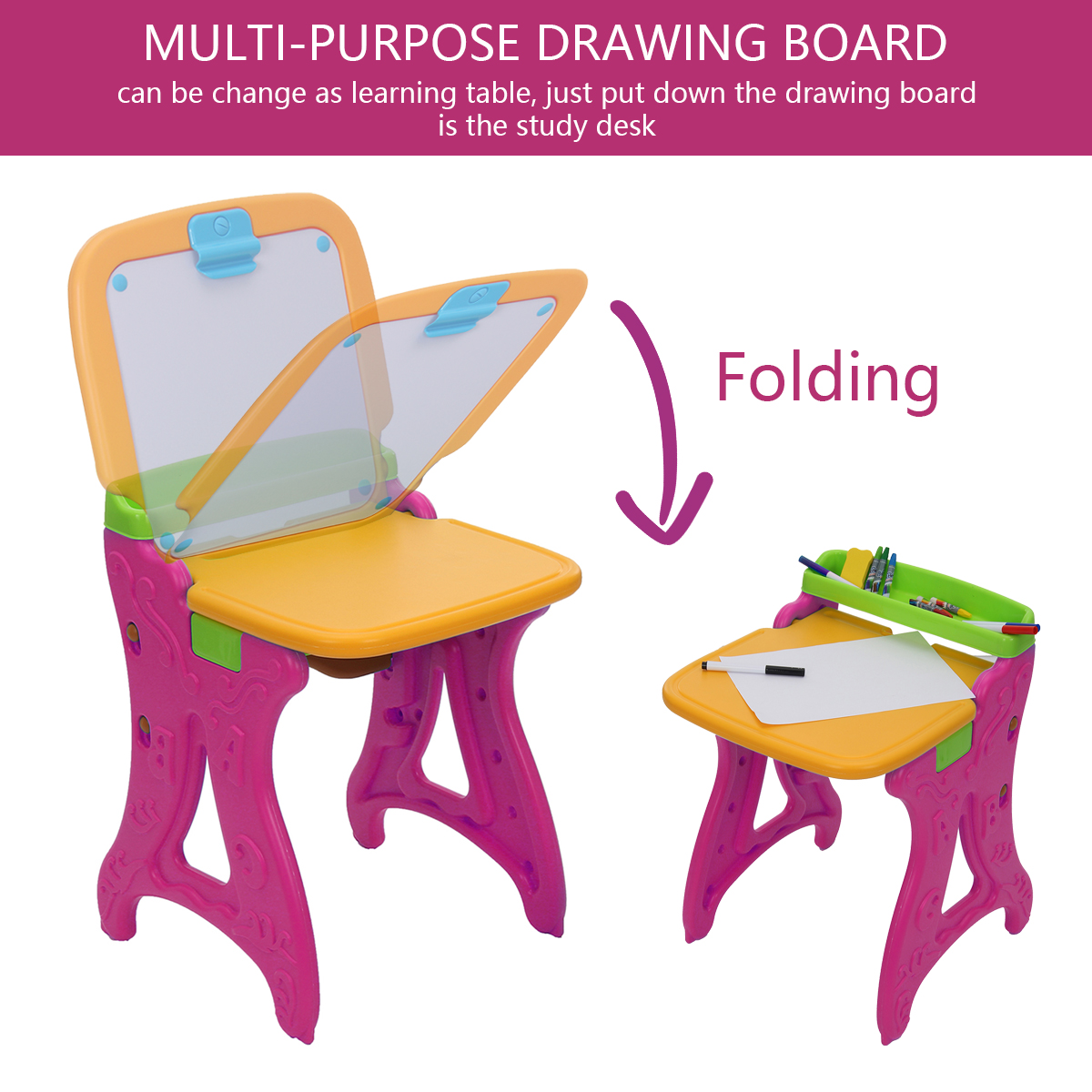 2-in-1-Folding-Drawing-Board-Table-Set-with-a-Kid-Sized-Stool-Plastic-Magnetic-Writing-White-Board-I-1853465-8