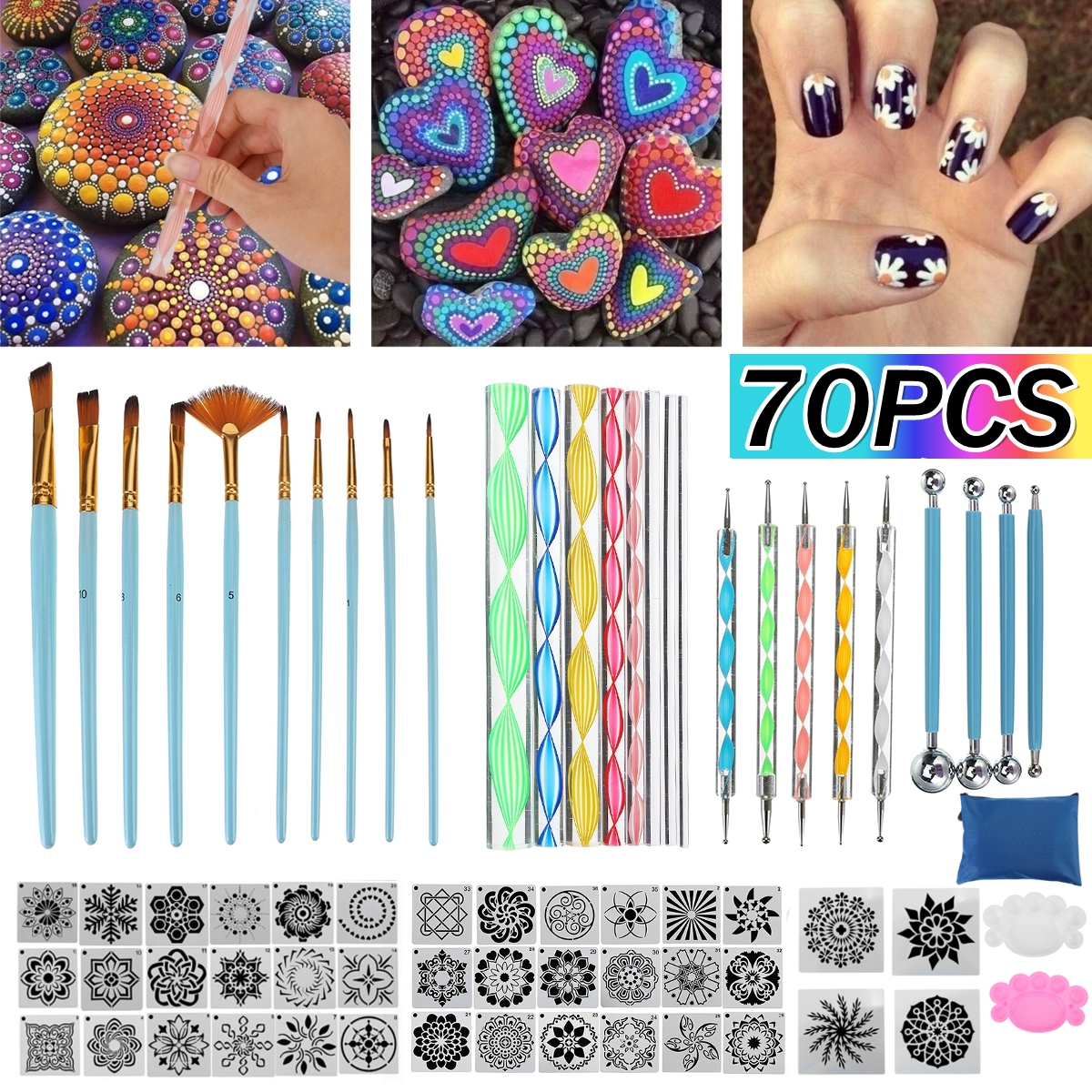 70Pcs-Mandala-Dotting-Tools-Set-Rock-Painting-Kit-Nail-Art-Craft-Pen-Paint-Stencil-Supplies-1783942-1