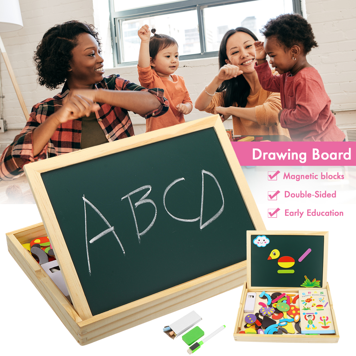 Wooden-Magnetic-Double-Sided-Drawing-Board-Blocks-Children-Early-Education-Toys-1676963-2