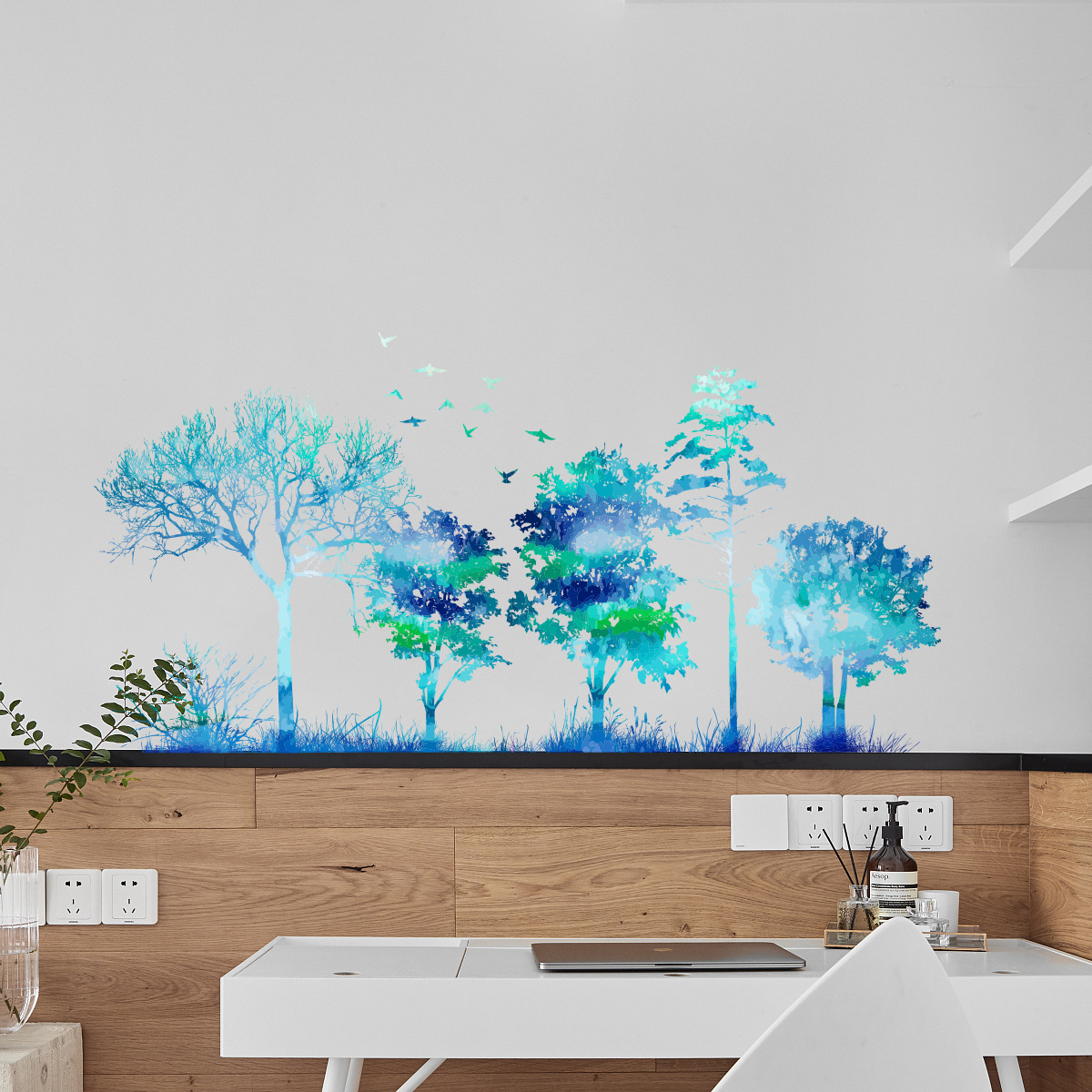 ZW106-Creative-Wall-Stickers-Folding-Version-Of-The-New-Hand-Painted-Blue-Gradient-Forest-Plants-Liv-1811493-5
