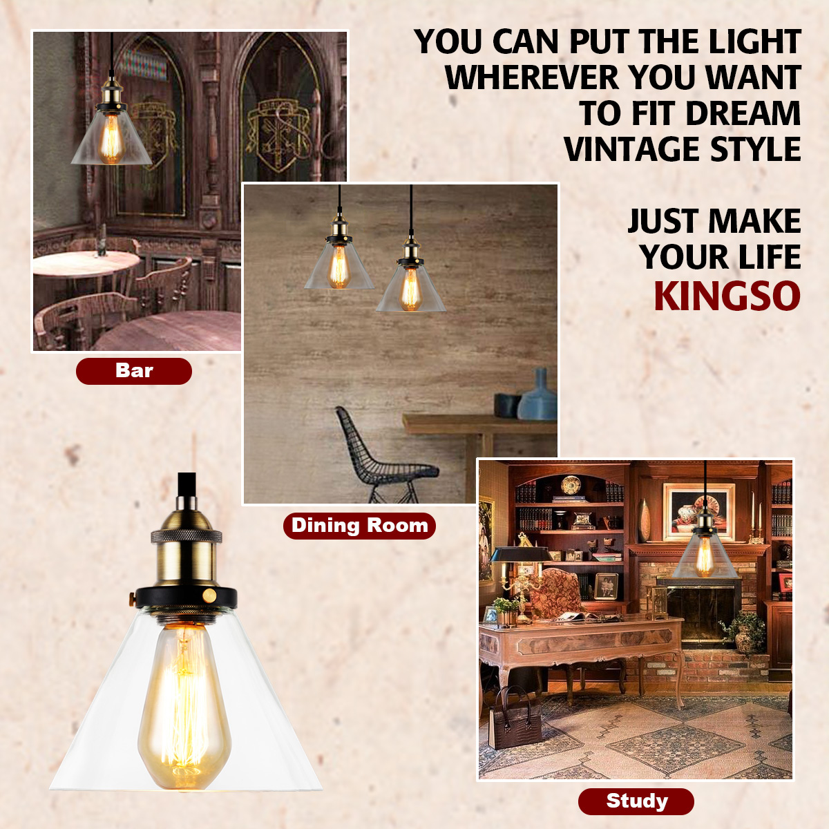 KingSo-110V220V-E26E27-Vintage-Industrial-Pendant-Light-Socket-Funnel-like-Glass-Shade-with-Ceiling--1894197-1