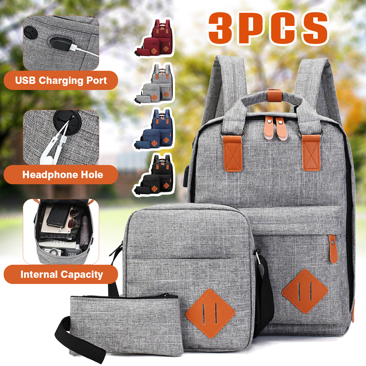 3PCS-Men-Women-School-Backpack-Shoulder-Bag-Student-Laptop-Handbag-Travel-Tote-1649658-1