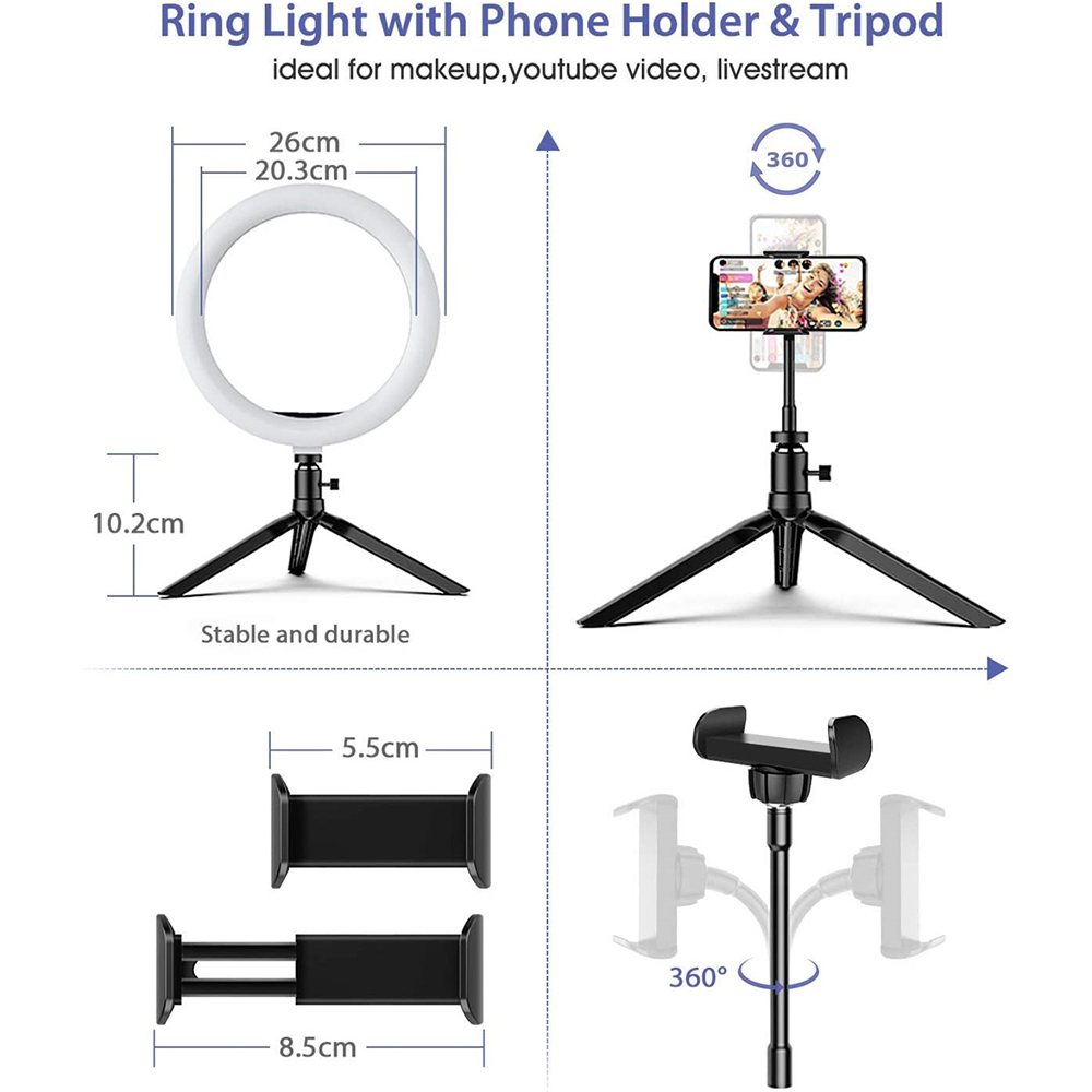 BlitzWolf-BW-SL3-10-inch-LED-Ring-Light-with-Tripod-Stand--Phone-Holder-Dimmable-Desk-Makeup-Kit-1919709-6