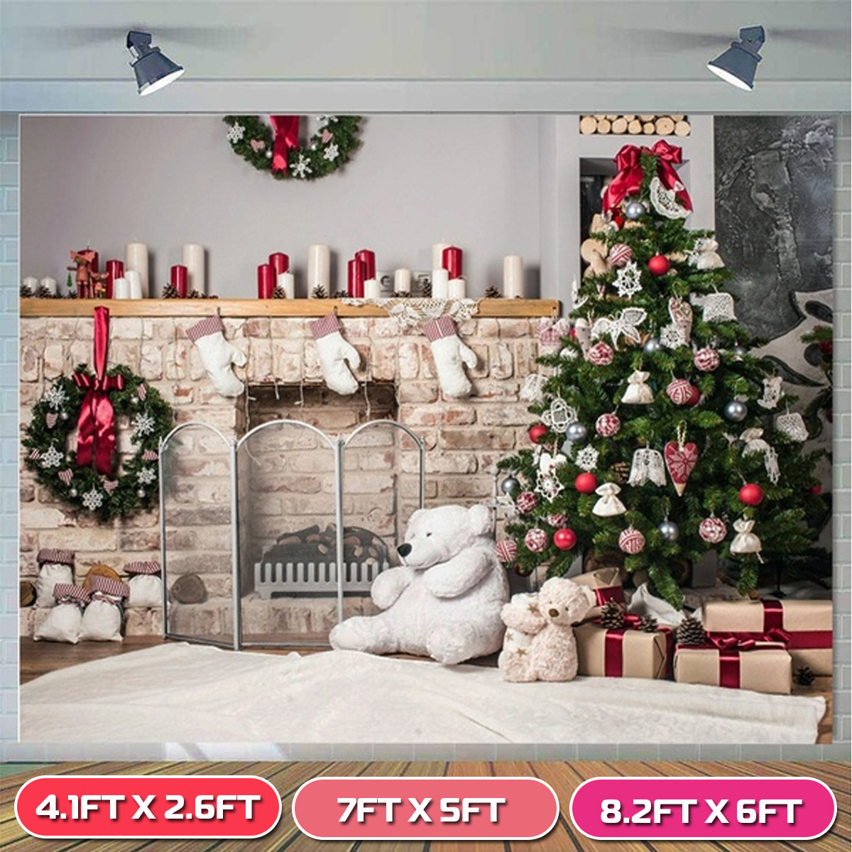 Christmas-Photography-Backdrop-3D-Tree-Brick-Fireplace-White-Bear-Printed-Vinyl-Photo-Studio-Backgro-1759899-3