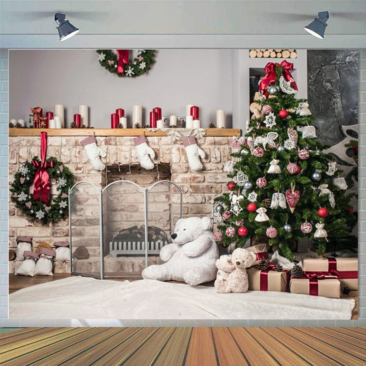 Christmas-Photography-Backdrop-3D-Tree-Brick-Fireplace-White-Bear-Printed-Vinyl-Photo-Studio-Backgro-1759899-7