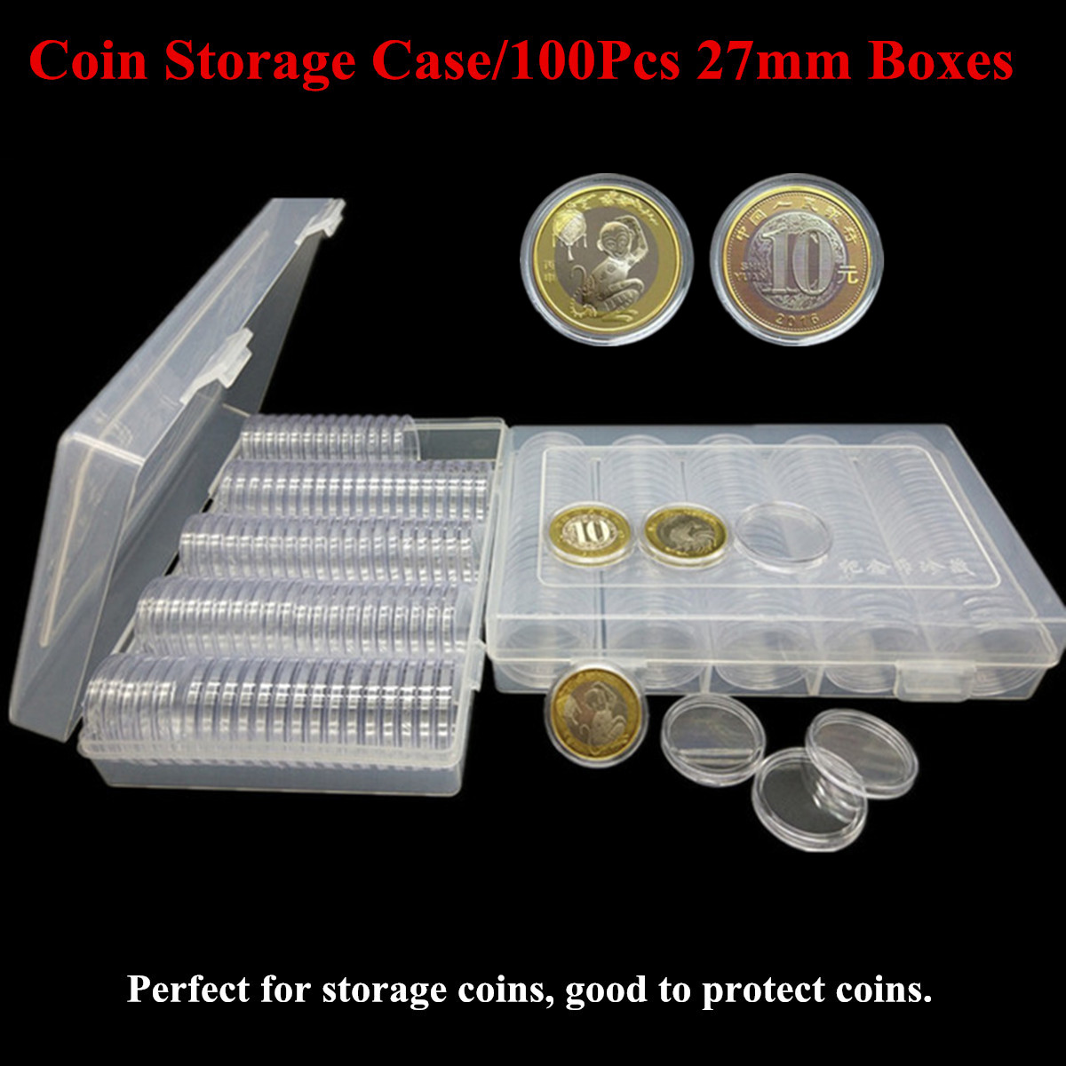 100PCS-27mm-Coin-Storage-Box-Round-Cases-Applied-Clear-Portable-Round-Holder-Box-1345594-1