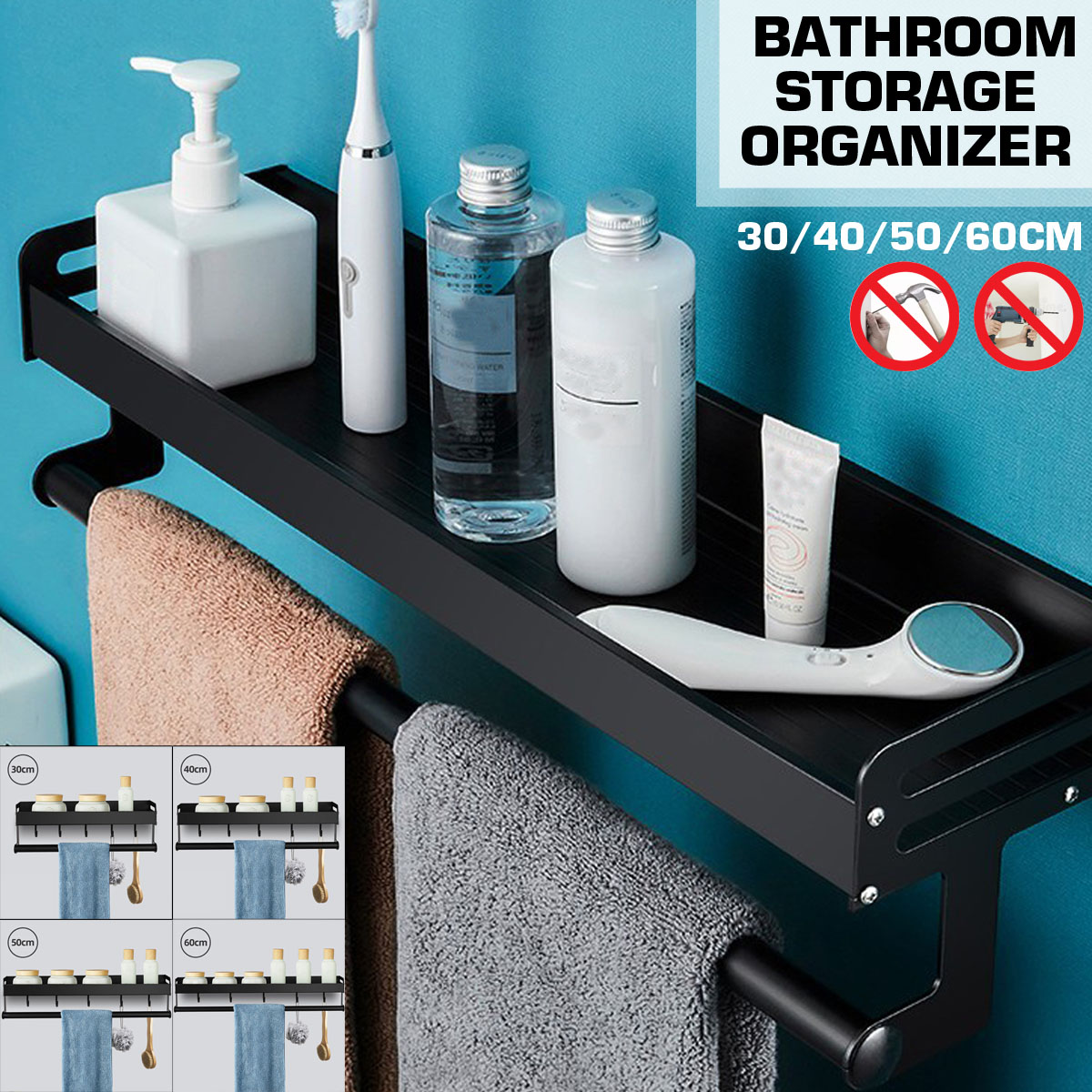 30-60CM-Double-Aluminium-Towel-Rail-Holder-Hook-Wall-Mounted-Bathroom-Rack-Shelf-1691130-4
