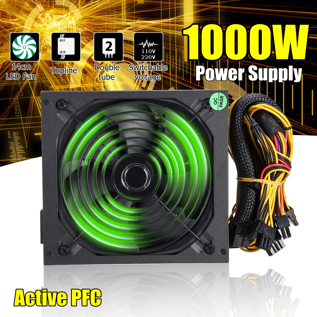 1000W-PC-Computer-Power-Supply-Quiet-140mm-Green-LED-Fan-24Pin-SATA-6Pin-8Pin-1443381-1