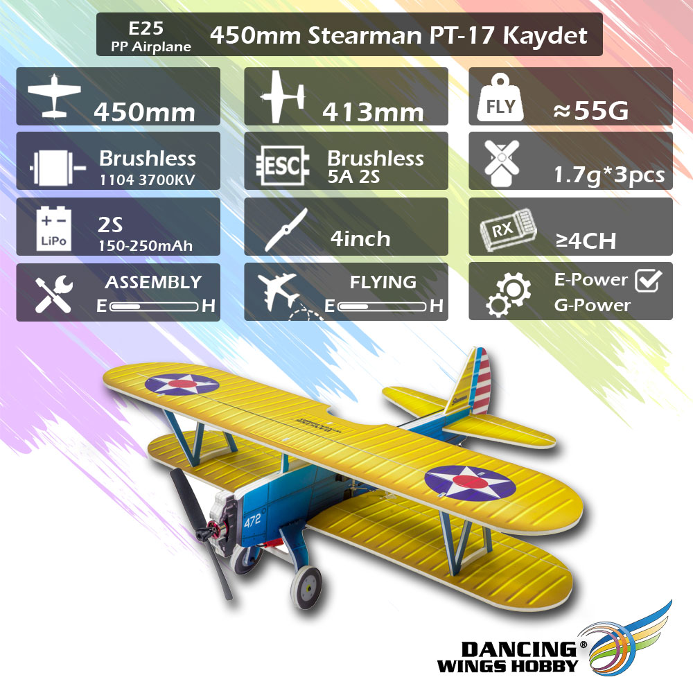 Dancing-Wings-Hobby-E25-Stearman-PT-17-Kaydet-450mm-Wingspan-PP-Material-RC-Airplane-Flying-Wing-KIT-1776729-1
