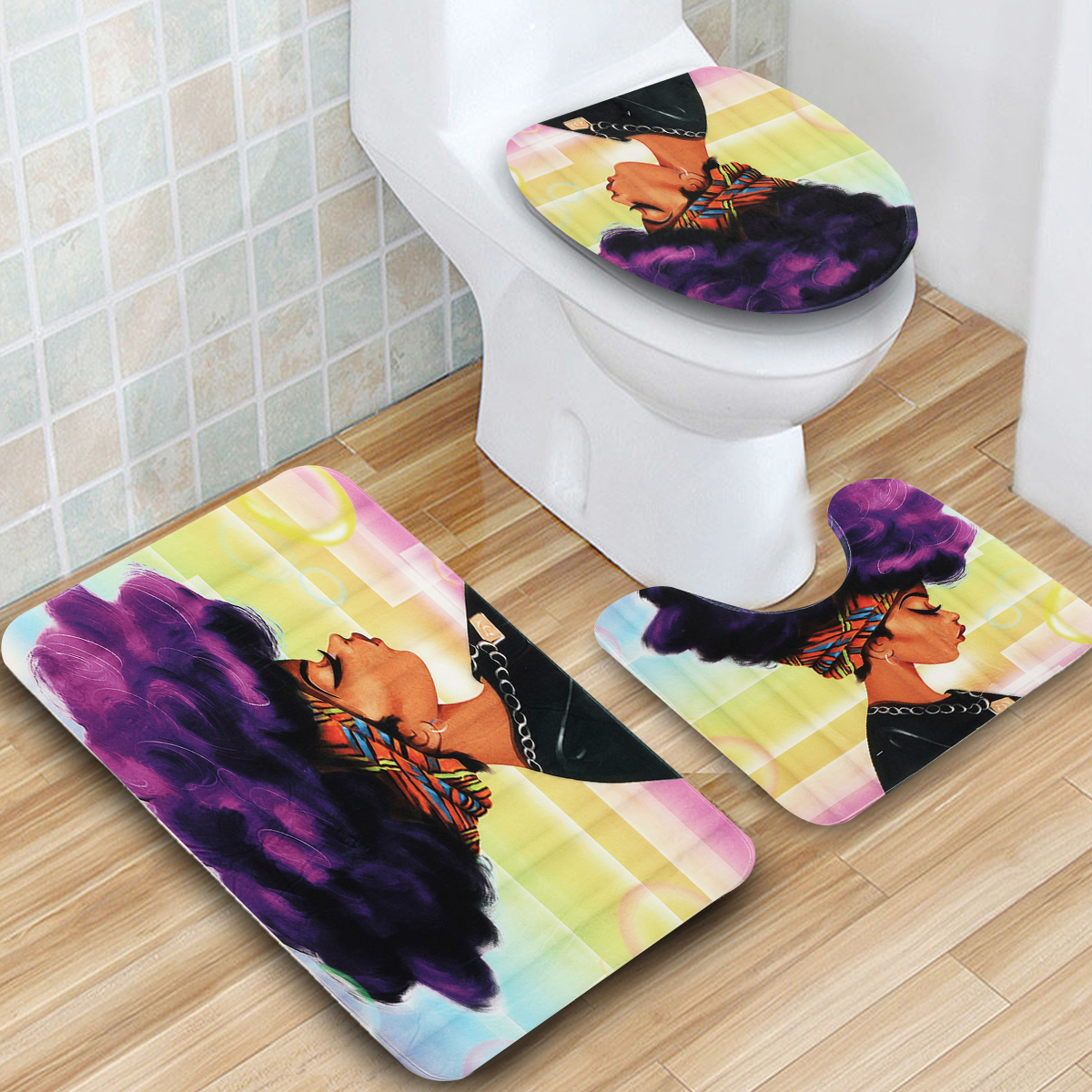 3PCS-African-Girl-Explosion-Head-Non-Slip-Bath-Carpet-Toilet-Cover-Shower-Mat-1644200-1