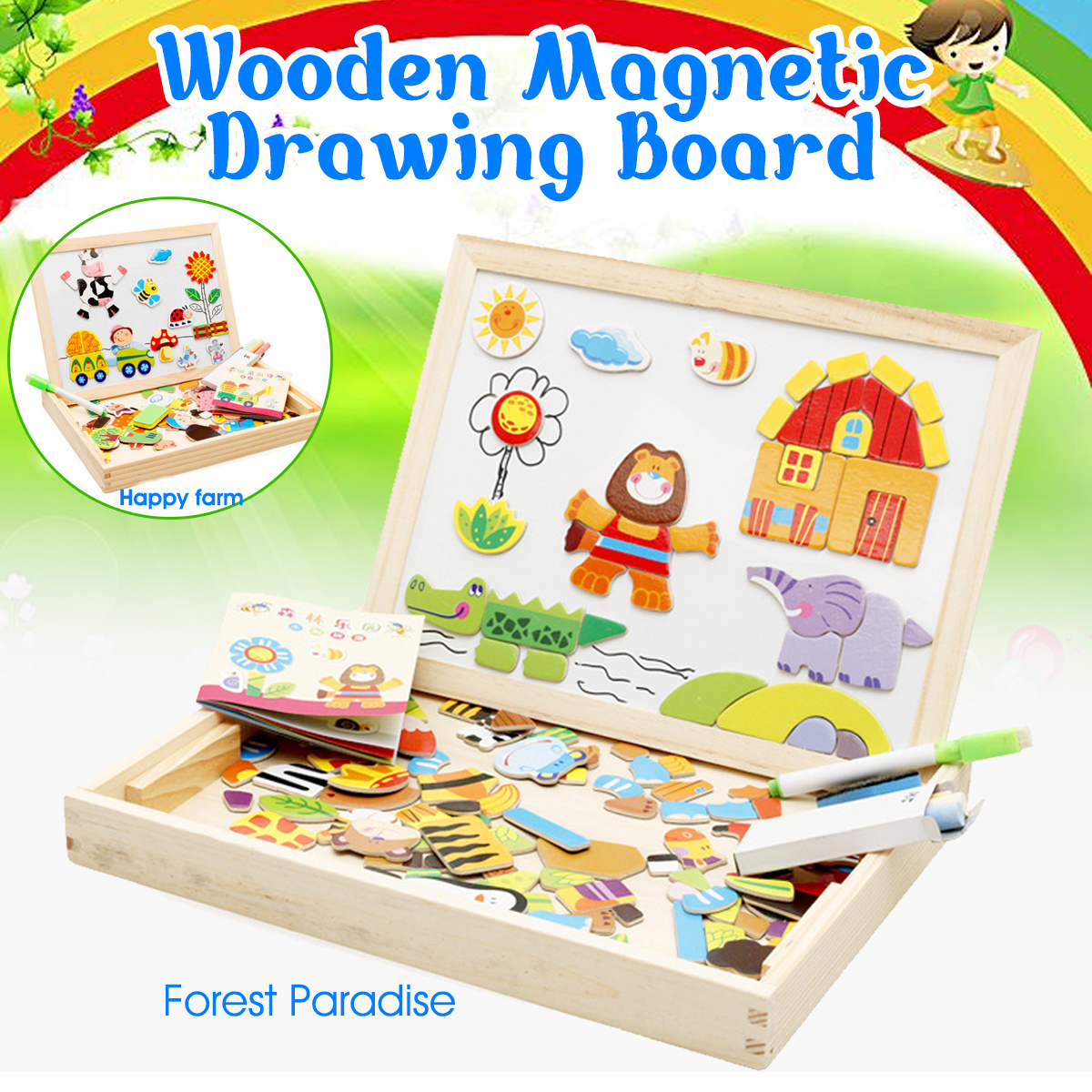 Happy-FarmForest-Paradise-Early-Educational-Learning-Wooden-Magnetic-Drawing-Board-DIY-Toys-1709156-1