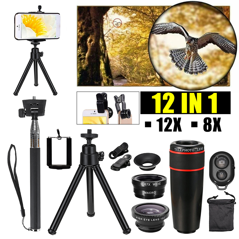 Portable-8X-12X-Telephoto-Phone-Lens-Kit-Wide-Angle-Macro-Fish-Eye-Lens-with-Selfie-Stick-Monopod-1653787-1