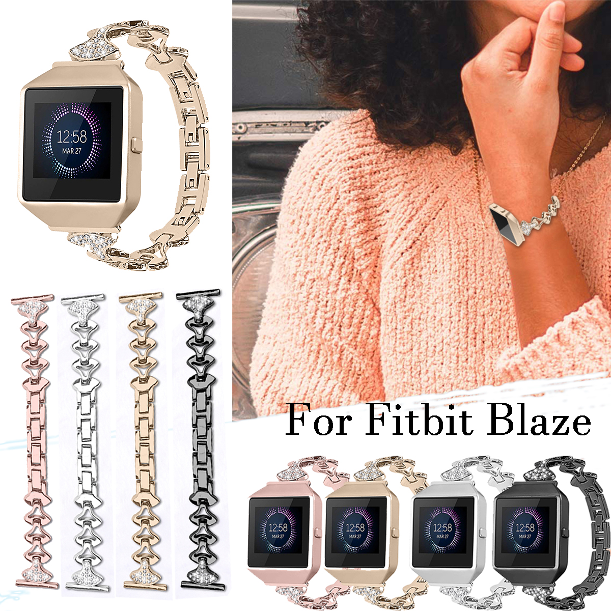 Bakeey-Fashionable-Replacement-Stainless-Steel-Crystal-Chain-Watch-Band-for-Fitbit-Smart-Watch-1533233-1