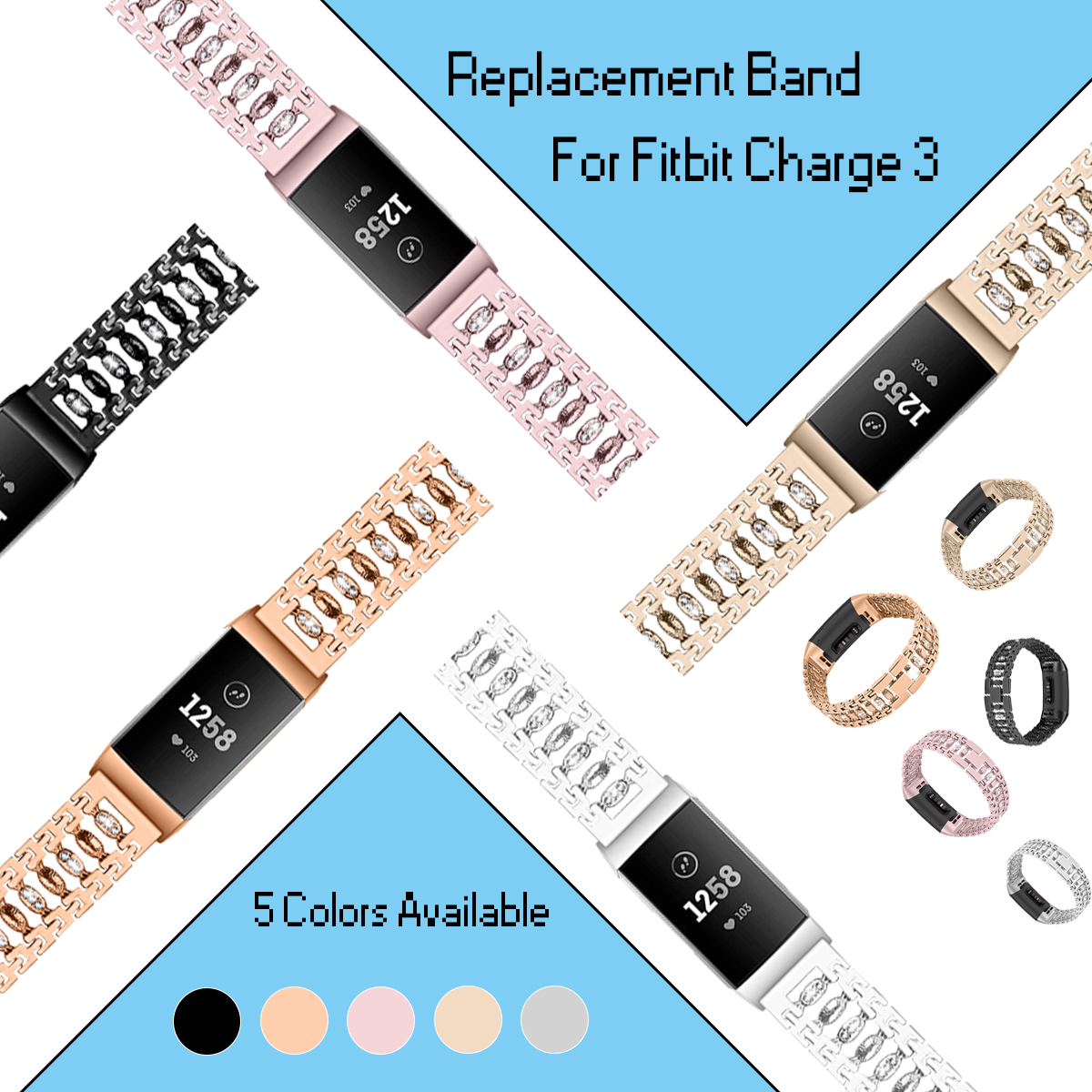 Bakeey-Stainless-Steel-Diamond-encrusted-Watch-Band-Strap-for-Fitbit-charge-3-Smart-Watch-1568646-1