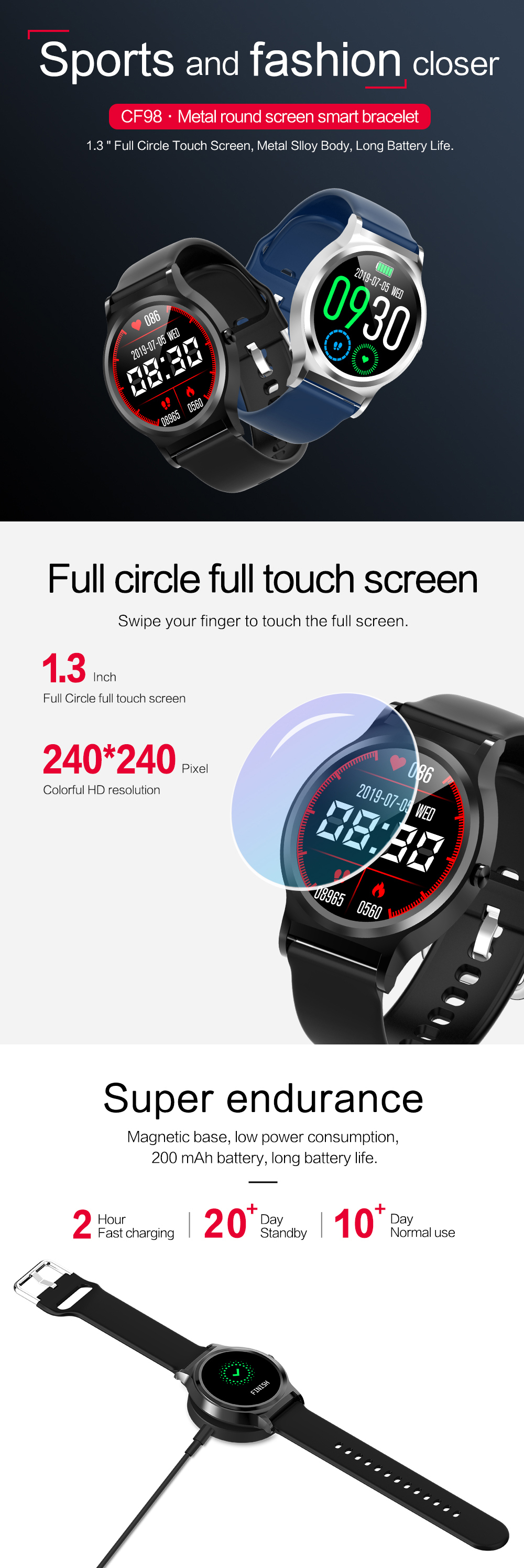 Bakeey-CF98-IP67-13-inch-Full-Touch-Wristband-Heart-Rate-Blood-Pressure-Monitor-Weather-Display-Smar-1586316-2